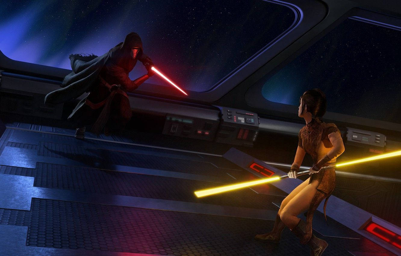Revan 桌布 壁紙 — 兩名戰士在星空下的星艦駕駛艙內，用紅色和黃色的光劍決鬥。