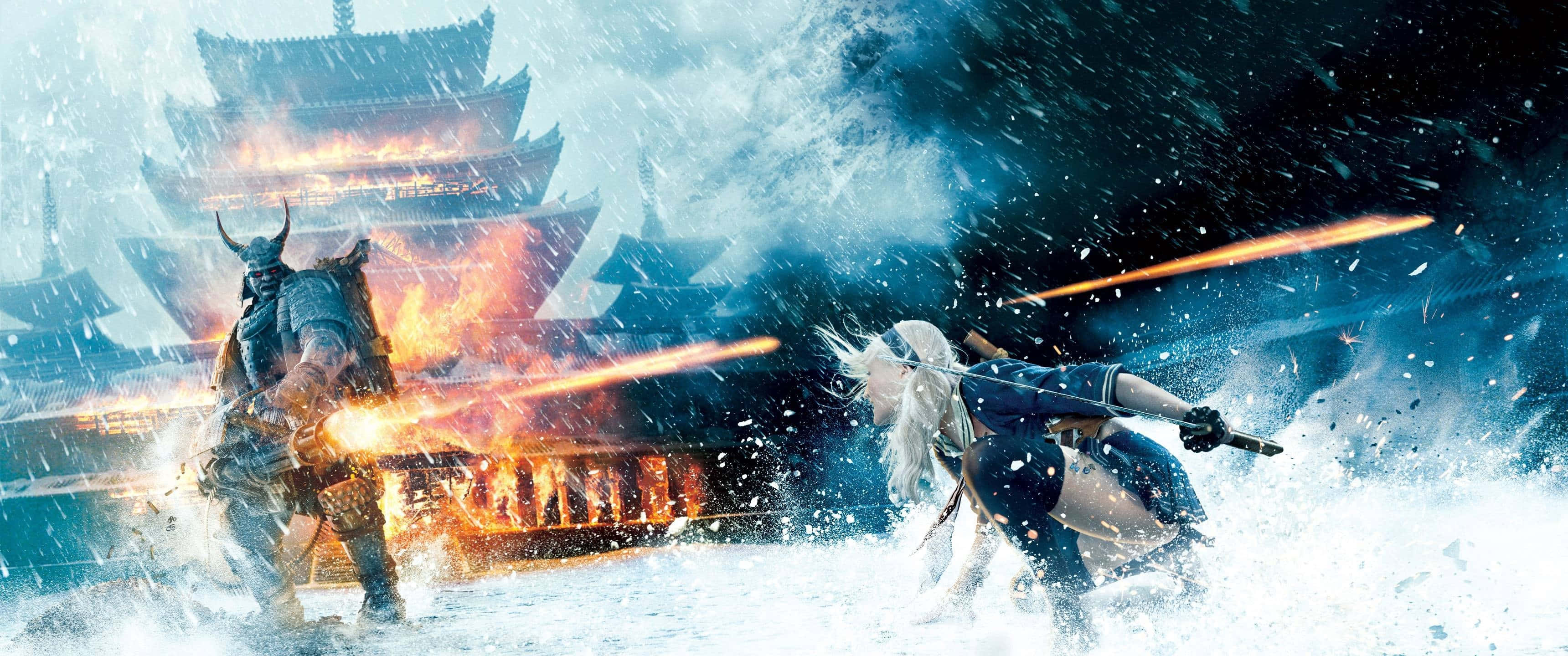 背景 桌布 壁紙 — 兩名戰士在暴風雪中交鋒，身後有一座燃燒的寶塔，能量刀刃劃破空氣。