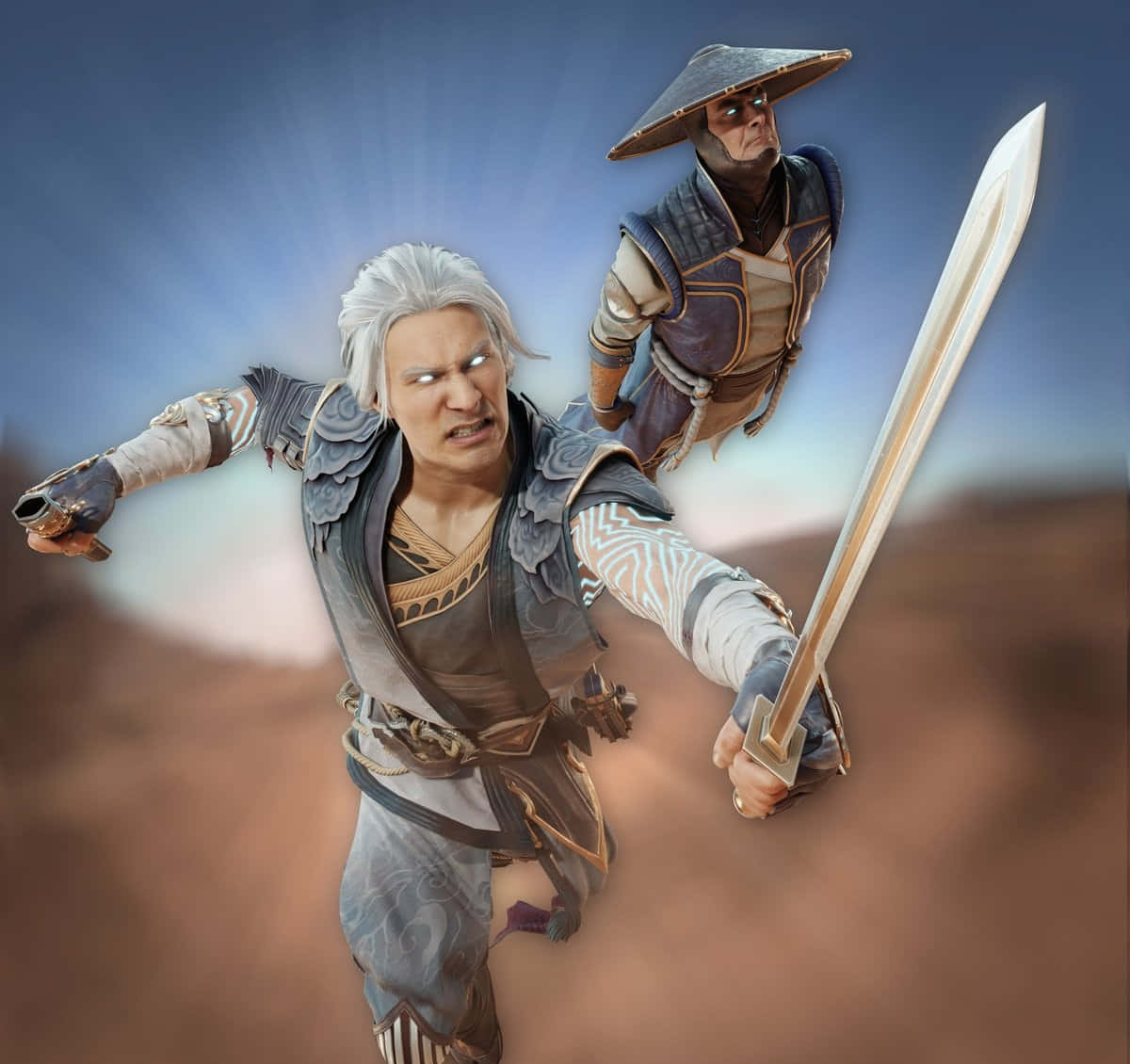 Mortal Kombat Fujin 桌布 壁紙 — 兩名戰士在沙漠戰場上交鋒，一人雙眼發光手持劍，另一人戴著圓錐形帽子揮舞刀刃。