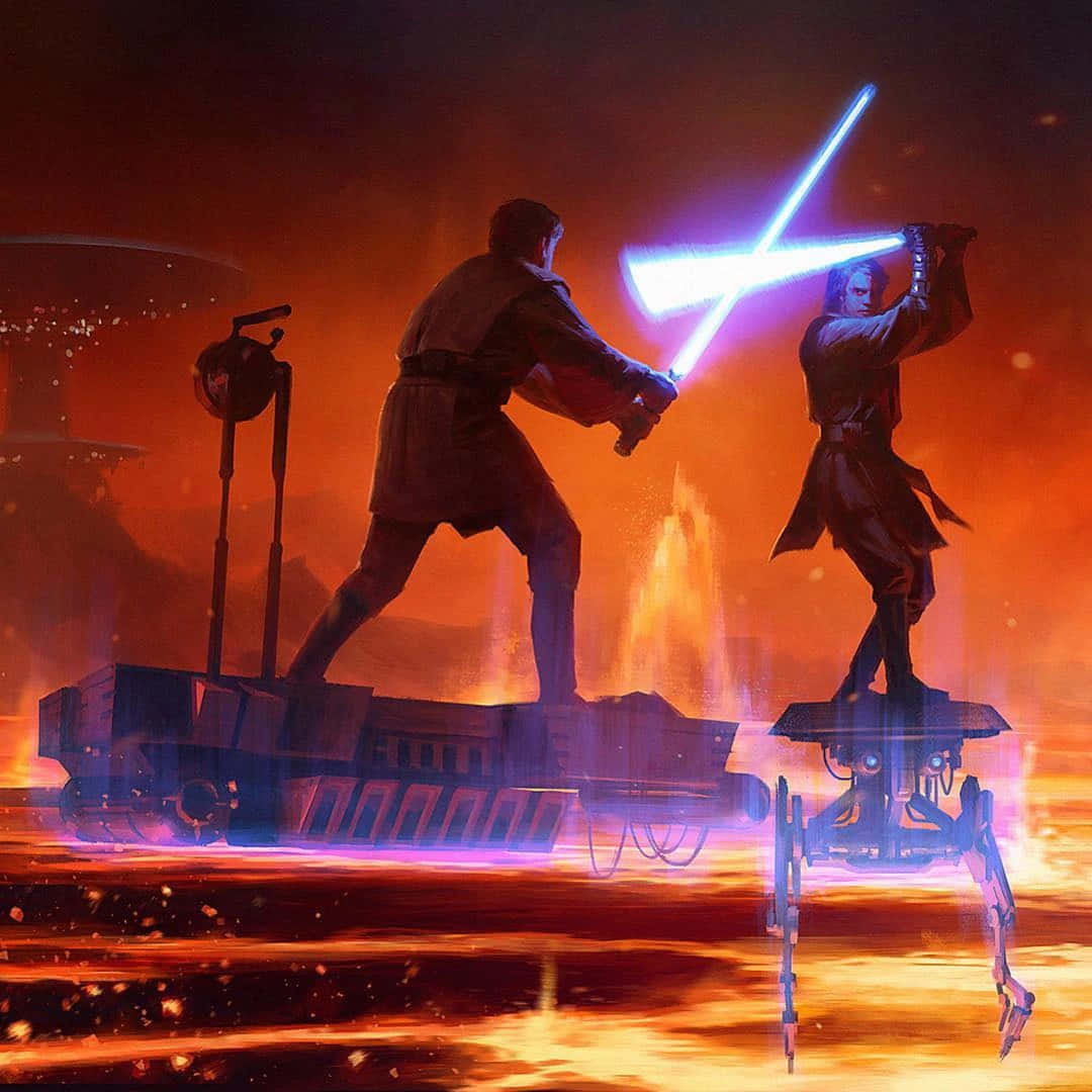 The Battle Of The Heroes 桌布 壁紙 — 兩名戰士在深紅色的天空下，於熾熱熔岩場上方的機械平台上，用發光的藍色光劍決鬥。