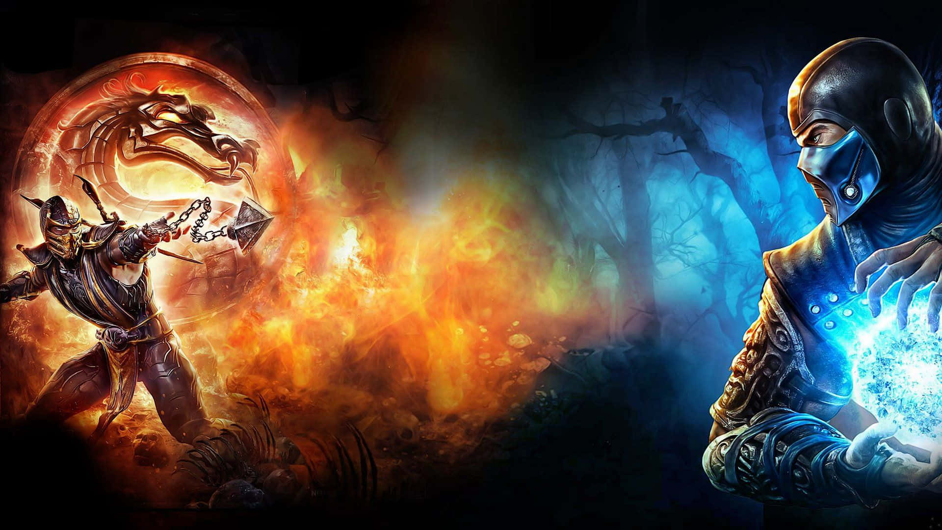 Mortal Kombat Fatality 桌布 壁紙 — 兩名戰士在火焰與冰霜領域中交鋒，其中一人身後有龍形徽章熊熊燃燒。