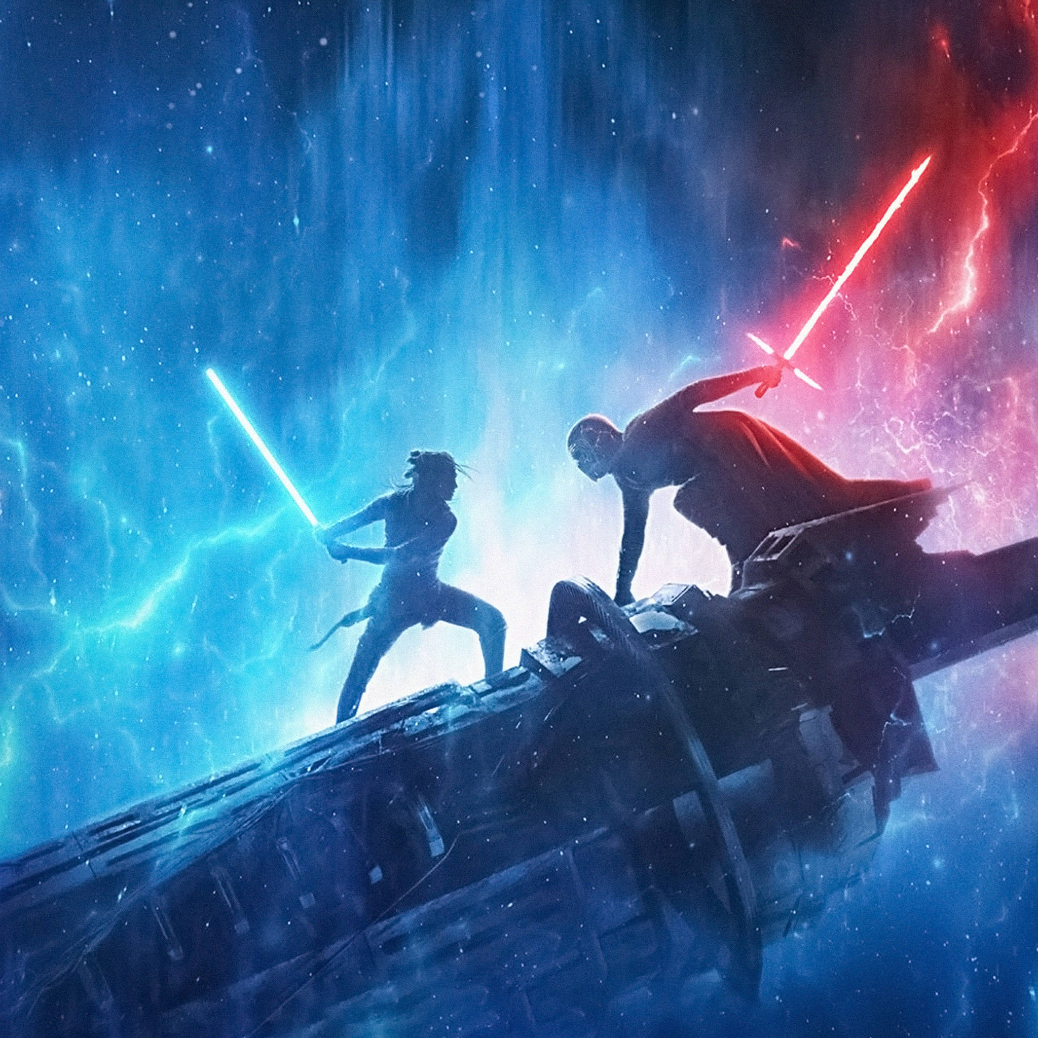 Star Wars iPad 桌布 壁紙 — 兩名戰士在破碎的太空船上用藍色和紅色的光劍對抗宇宙風暴。