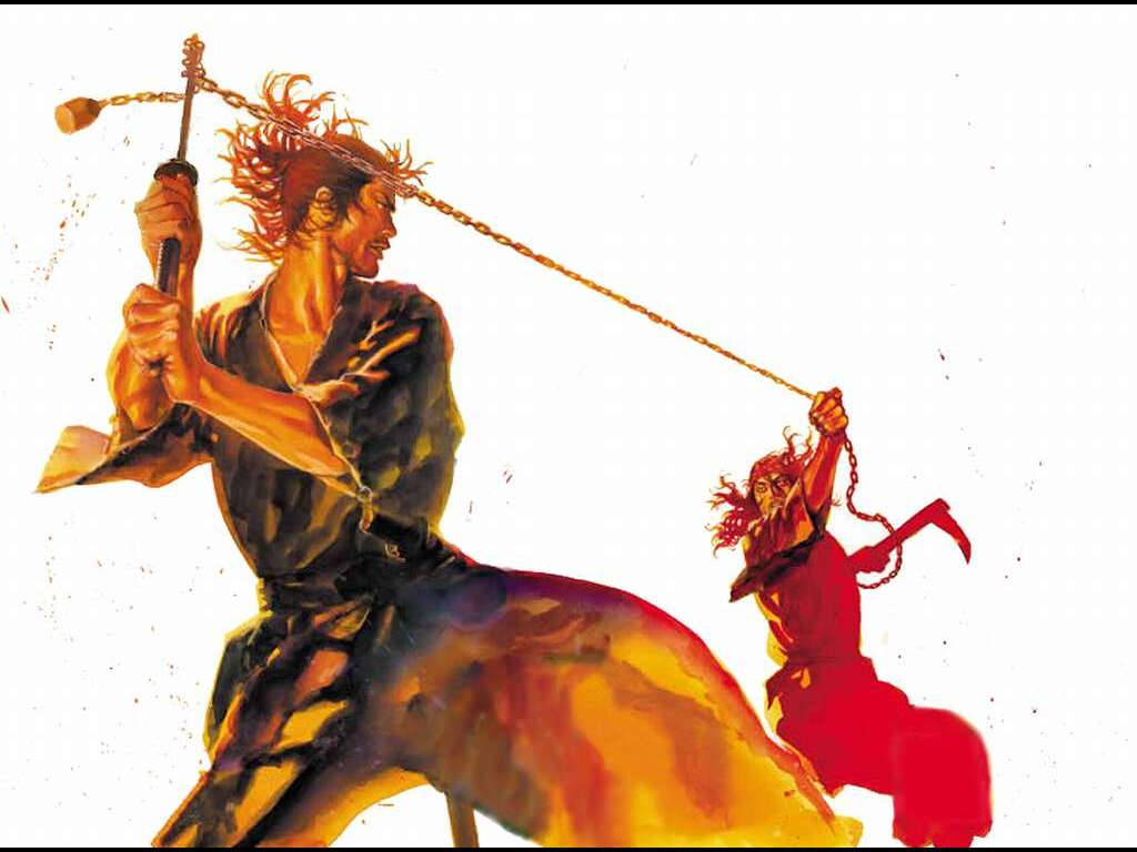 Illustration Art 桌布 壁紙 — 兩名戰士在純白背景前以鏈條武器進行動態戰鬥。