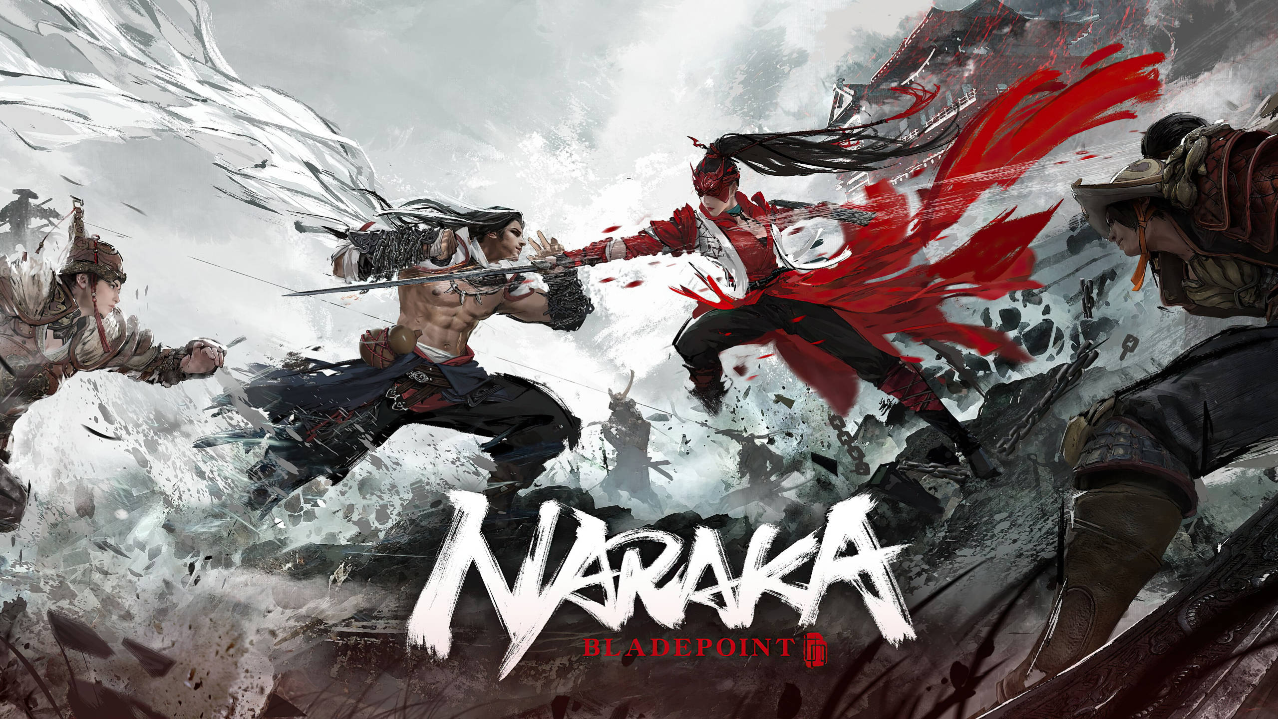 Naraka 桌布 壁紙 — 兩名戰士在雪地戰場上碰撞，周圍有紅色能量爆發和碎裂的冰塊。