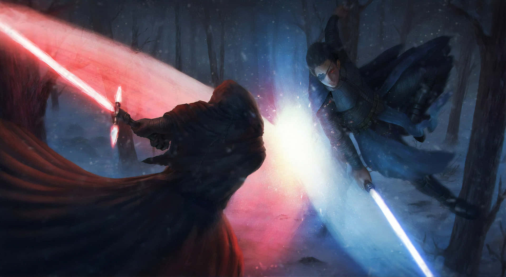 Lightsaber Duel 桌布 壁紙 — 兩名戰士在雪地森林中交鋒，紅藍光劍產生明亮的爆炸性碰撞。