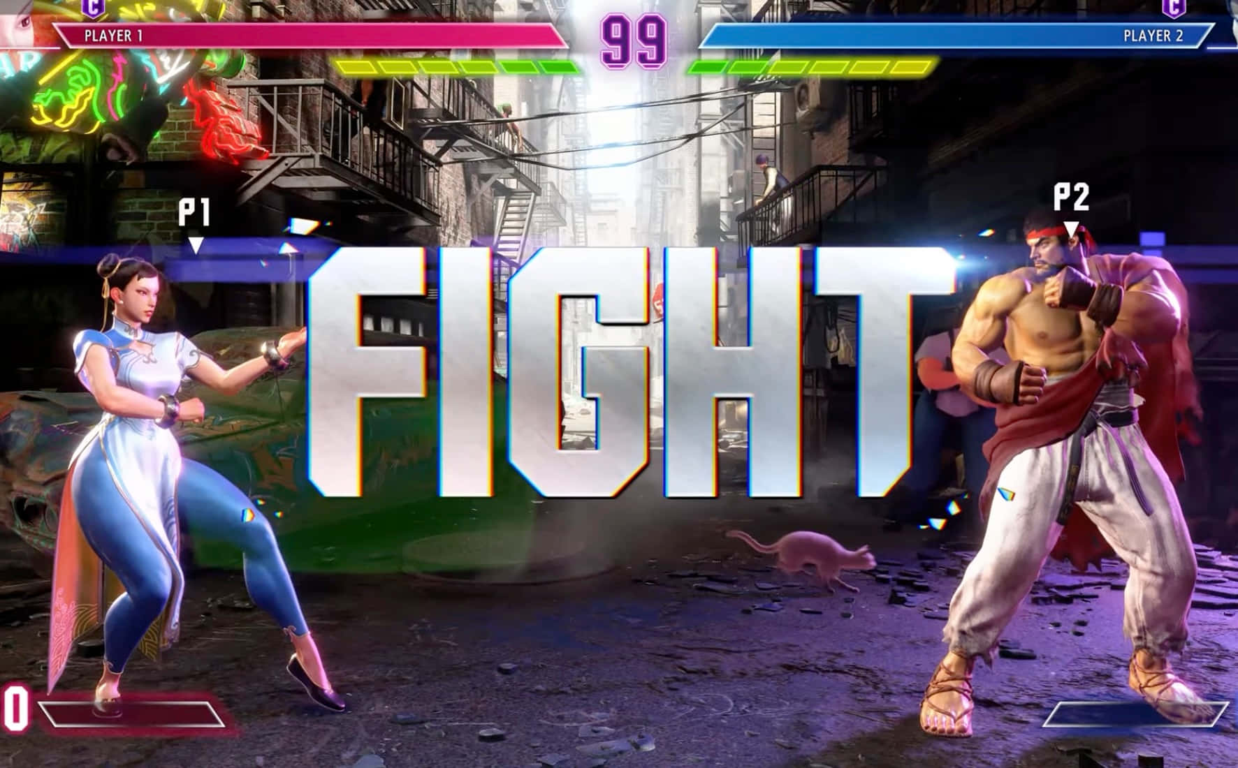 Fighting Games 桌布 壁紙 — 兩名戰士在霓虹燈照亮的城市小巷中對峙，中間有一個發光的「FIGHT」標誌。