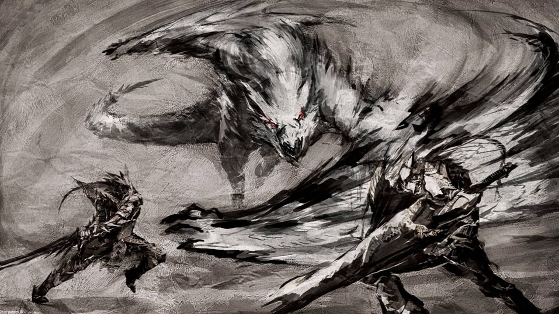 Monster Hunter 桌布 壁紙 — 兩名戰士與一隻巨大的狼形野獸在動態的黑白戰鬥場景中碰撞。