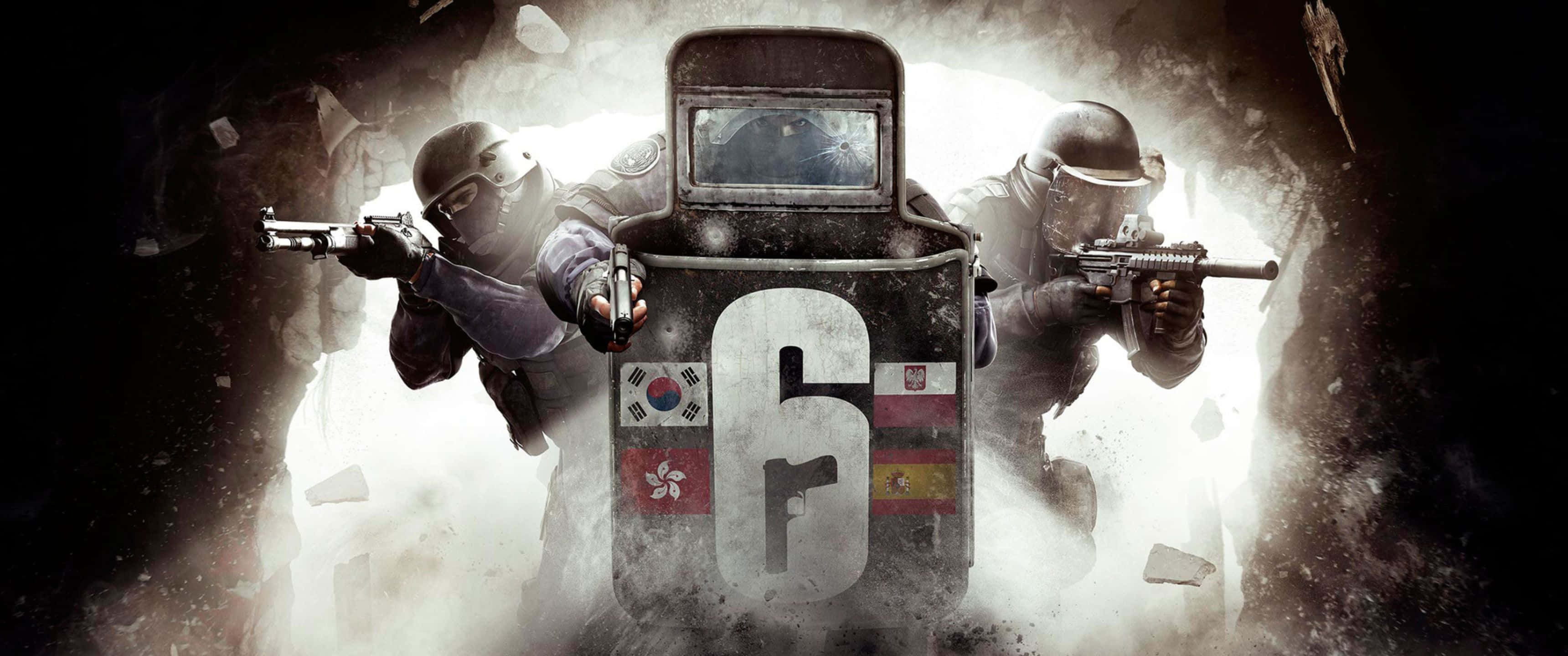 3440x1440p Rainbow Six Siege 桌布 壁紙 — 兩名戰術士兵在隧道爆炸中護衛著一個帶有數字六和國旗的盾牌。