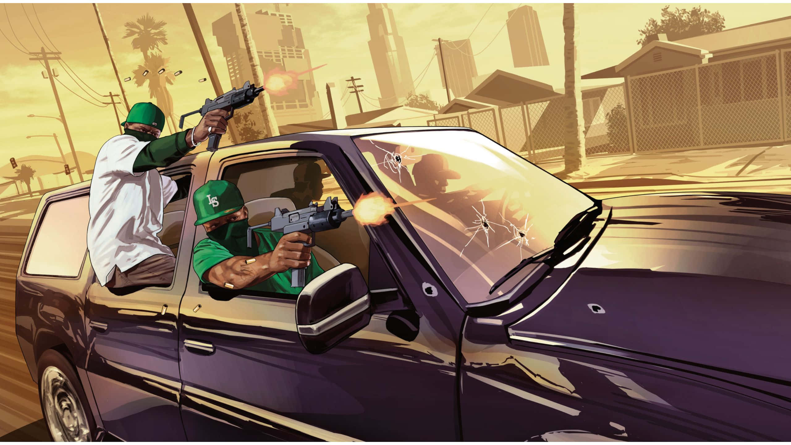 Grand Theft Auto V 桌布 壁紙 — 兩名戴綠色帽子的武裝男子從一輛疾駛的紫色SUV中，透過破裂的擋風玻璃在陽光明媚的城市街道上射擊。