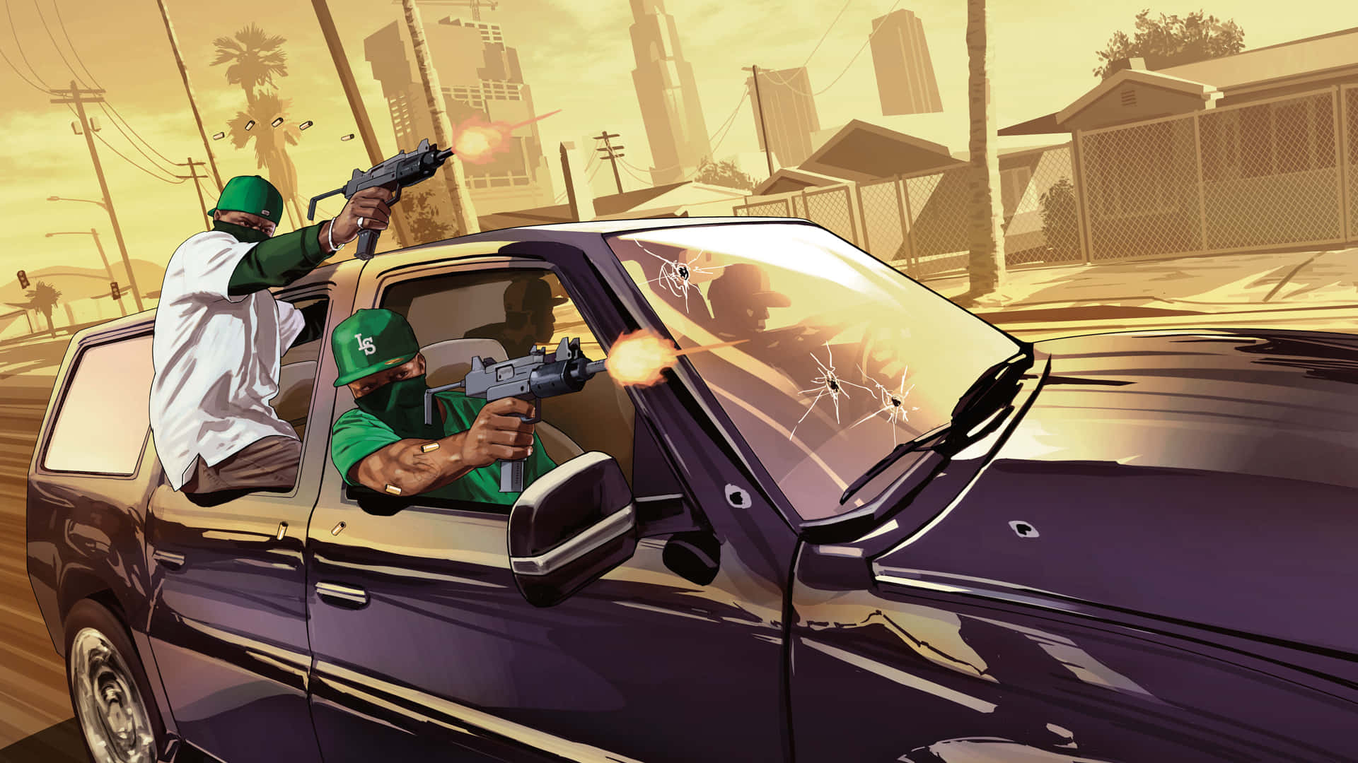 1920x1080 Grand Theft Auto V 桌布 壁紙 — 兩名戴綠色帽子的武裝男子從一輛紫色SUV中射擊，子彈擊碎擋風玻璃，背景是模糊的城市景象。