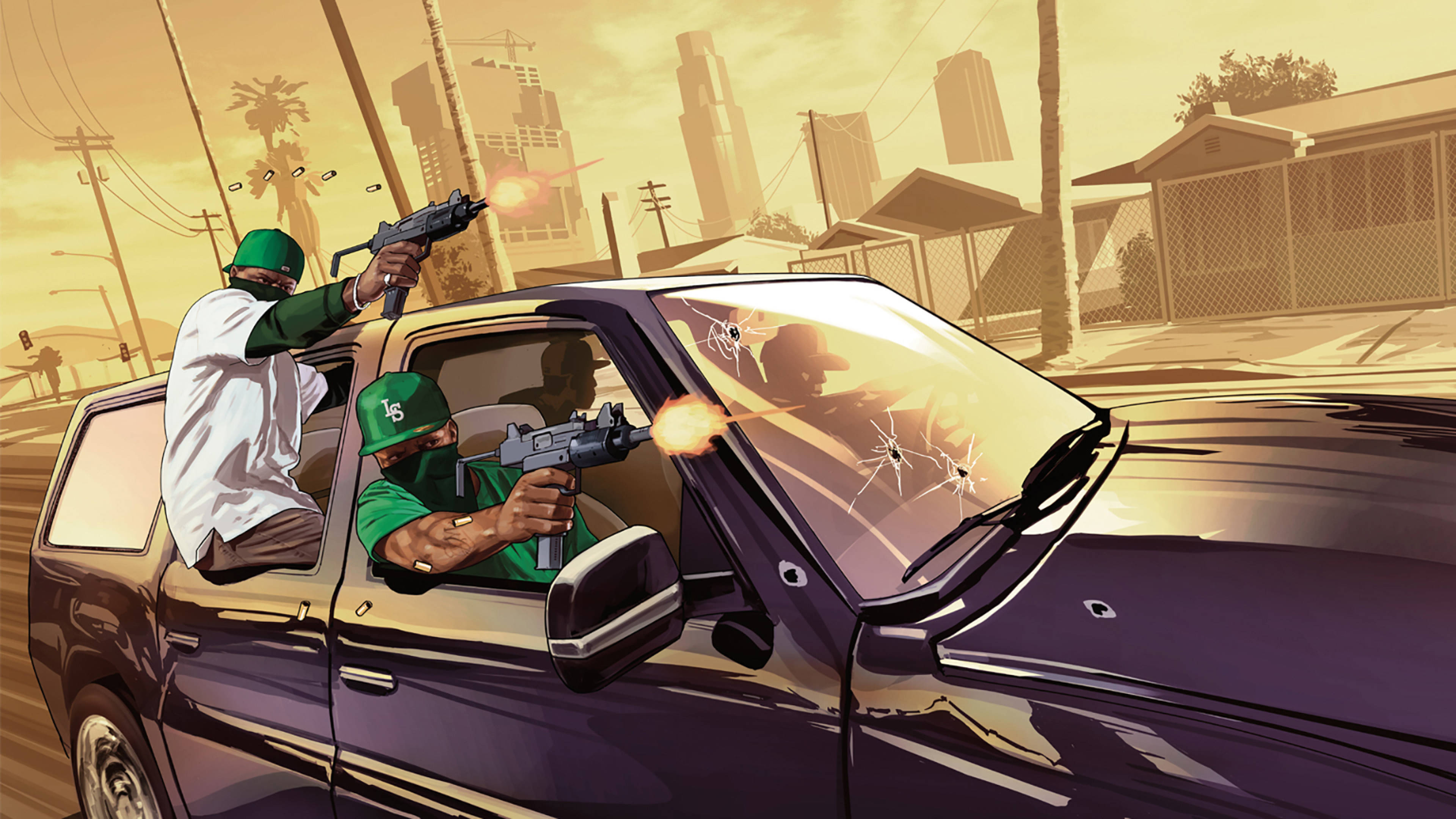Gta 桌布 壁紙 — 兩名戴綠色帽的蒙面槍手從一輛高速行駛的紫色SUV中發射自動武器，穿過陽光明媚的城市街道。