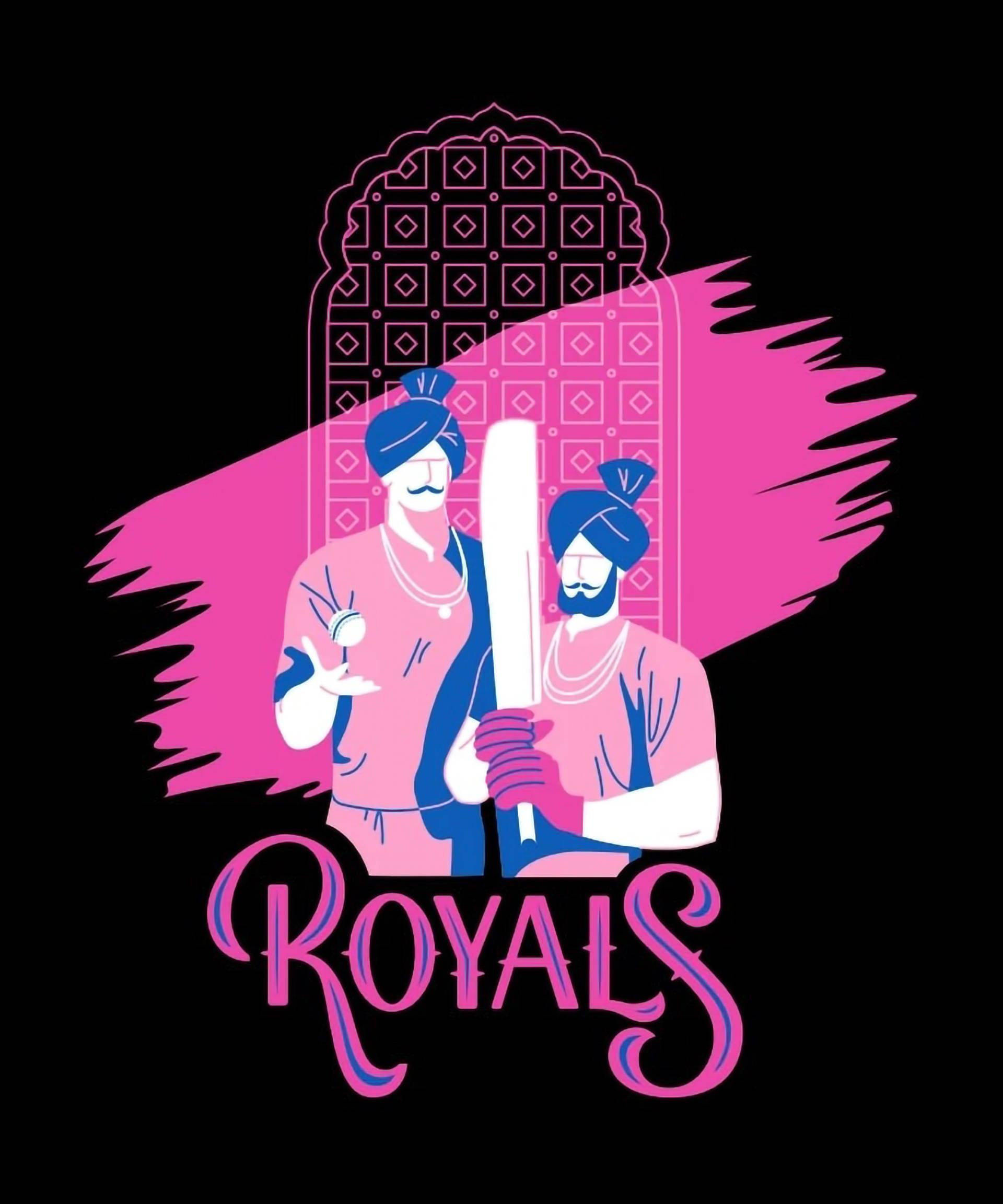 Rajasthan 桌布 壁紙 — 兩名戴著粉紅色和藍色頭巾的插圖板球運動員站在粉紅色拱門前，下方寫有「ROYALS」。