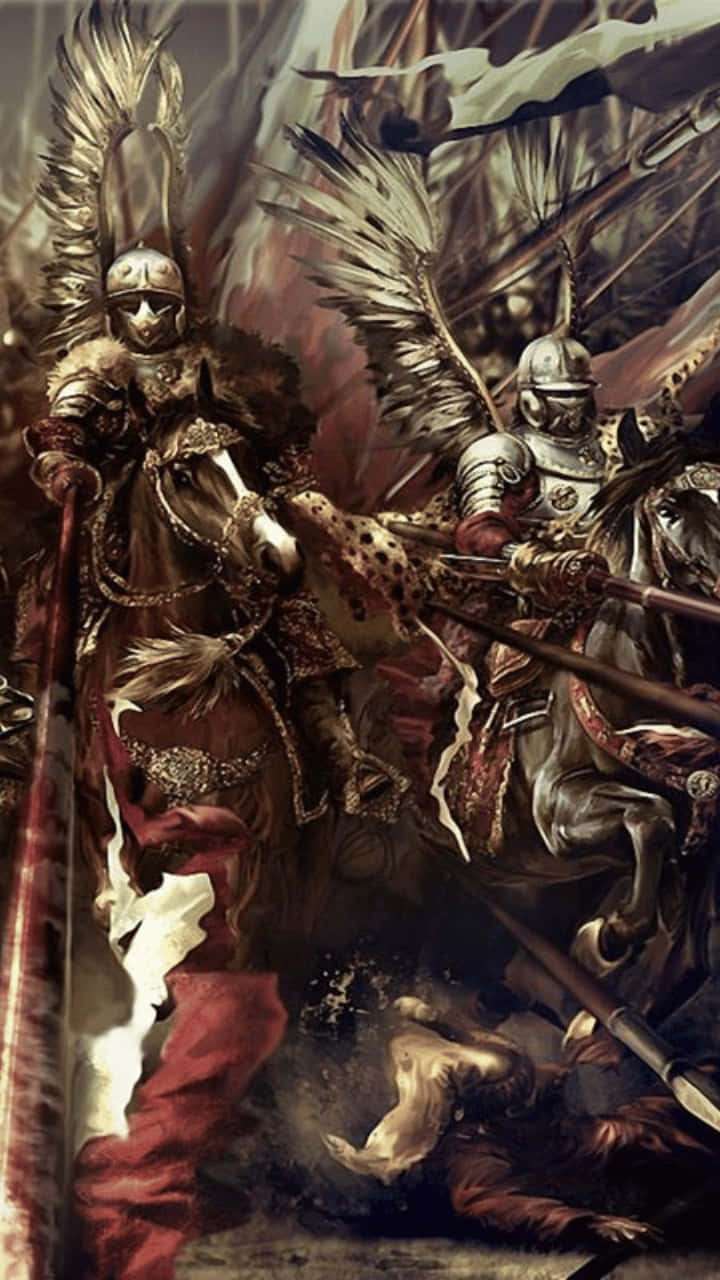 Android Total War Warhammer Ii 桌布 壁紙 — 兩名戴著羽毛頭盔的裝甲騎士在戲劇性的戰鬥場景中碰撞，周圍是倒下的戰士和旋轉的煙霧。