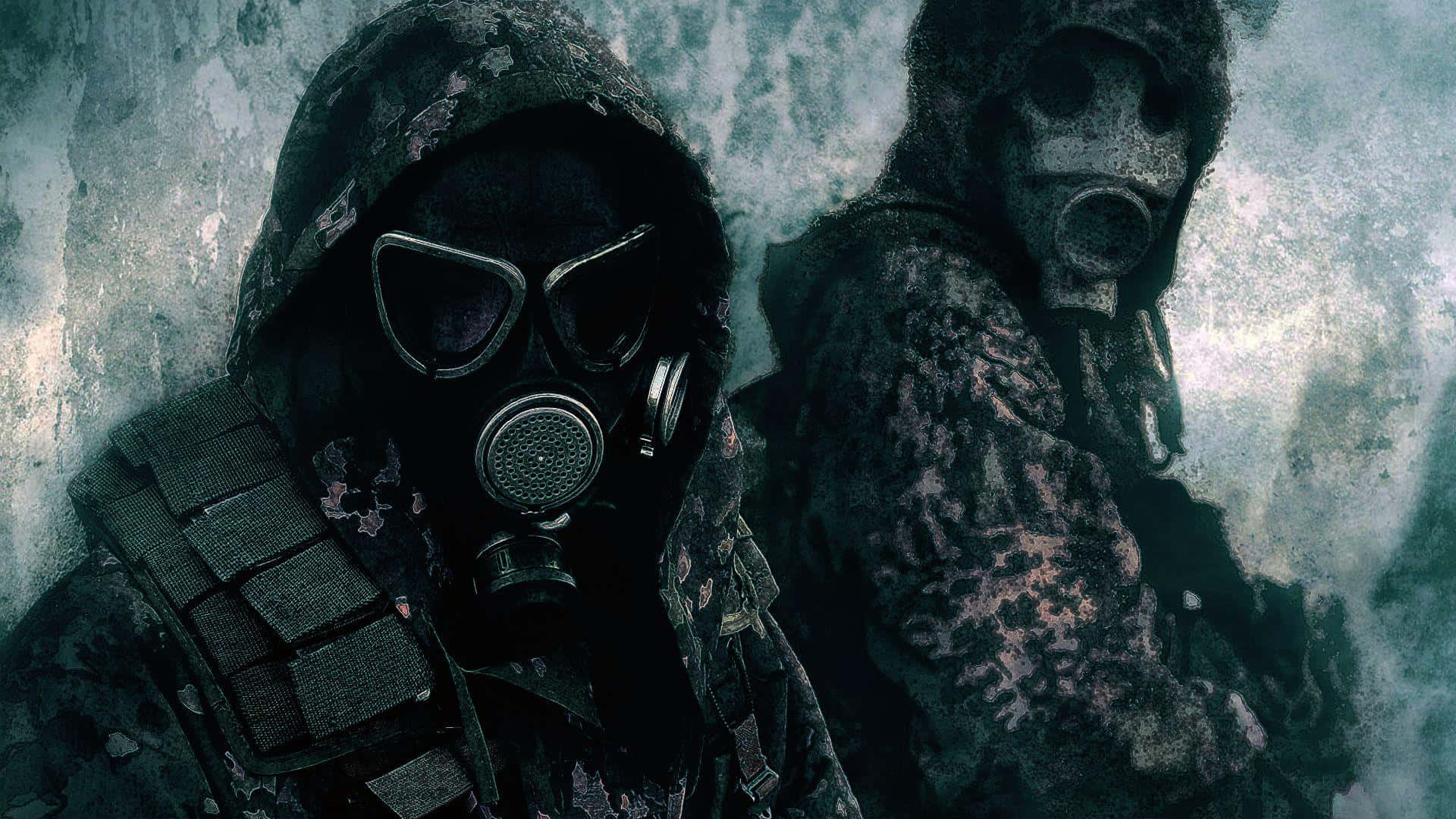 Mask 桌布 壁紙 — 兩名戴著防毒面具和迷彩裝備的士兵站在一個陰沉、結霜的環境中，帶有冰冷的質感和柔和的色調。