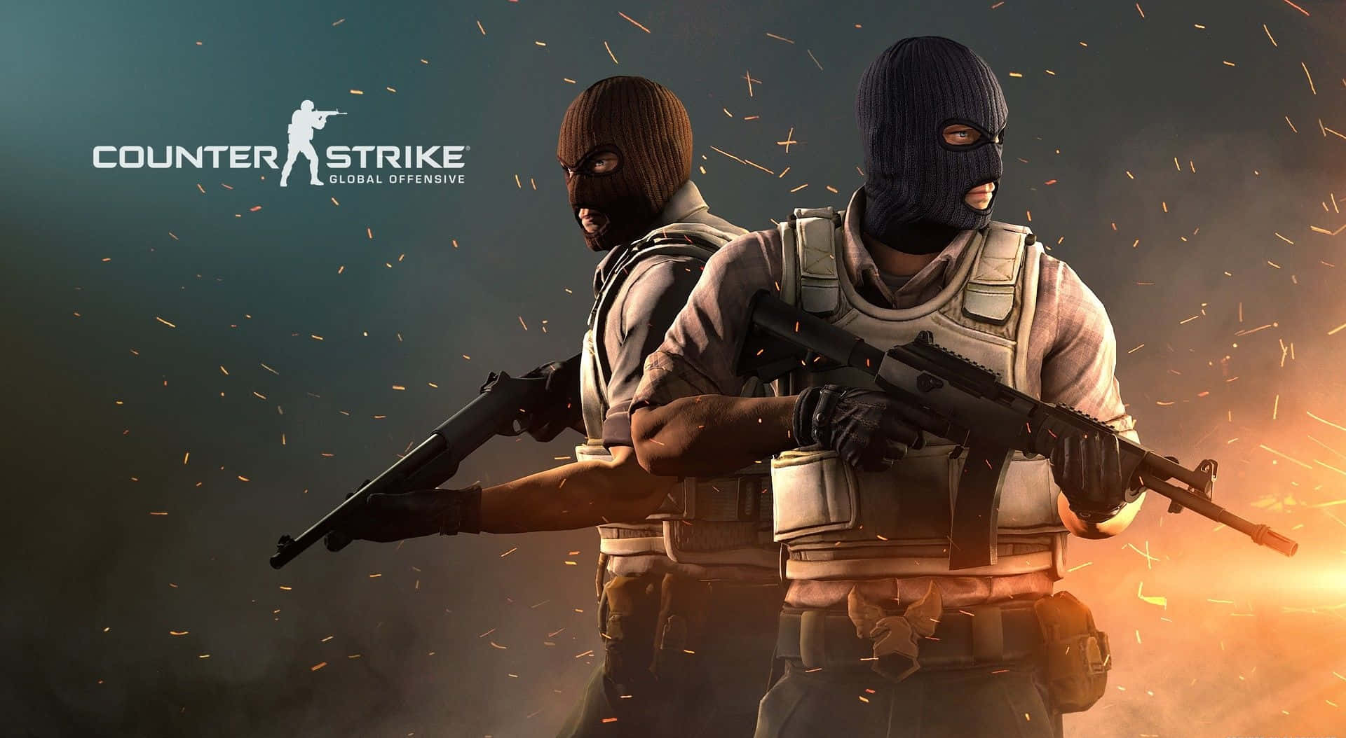 槍枝 桌布 壁紙 — 兩名戴著面具的Counter Strike恐怖分子身穿戰術裝備，在煙霧瀰漫的背景中手持步槍，火花四濺。