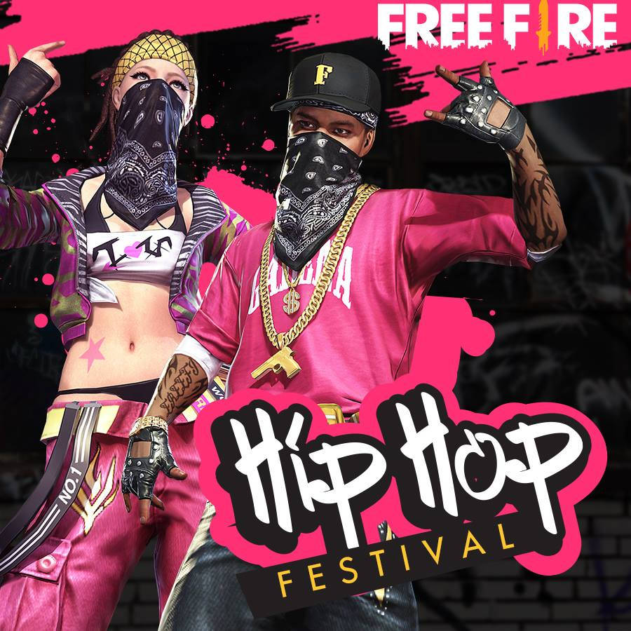 Free Fire 嘻哈 桌布 壁紙 — 兩名戴著面具的嘻哈舞者穿著充滿活力的街頭服飾，在塗鴉斑斕的粉紅色背景前動感地擺姿勢。