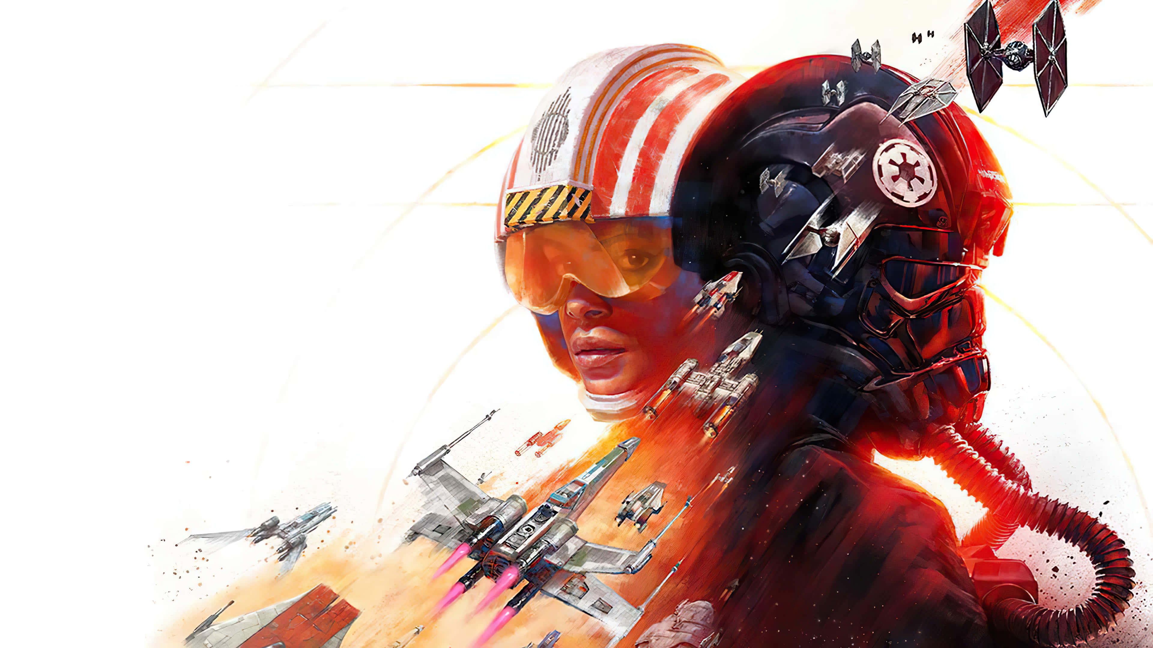 Sci Fi Games 桌布 壁紙 — 兩名戴著頭盔的X-wing飛行員在熾熱的太空戰爆炸中與TIE戰鬥機對峙。