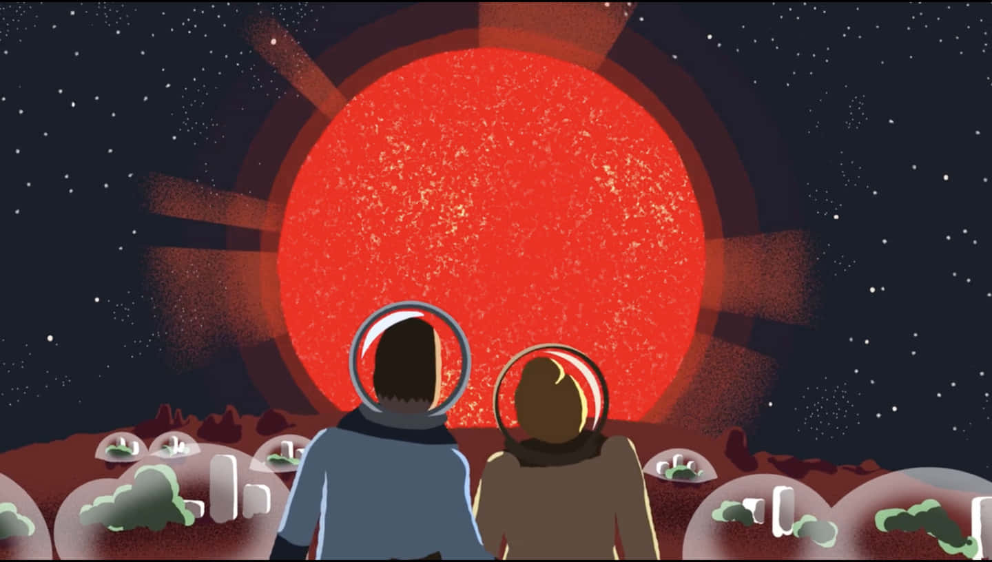 Red Giant 桌布 壁紙 — 兩名戴著頭盔的太空人在外星行星的圓頂棲息地上方，凝視著星空背景下的一顆巨大紅色太陽。
