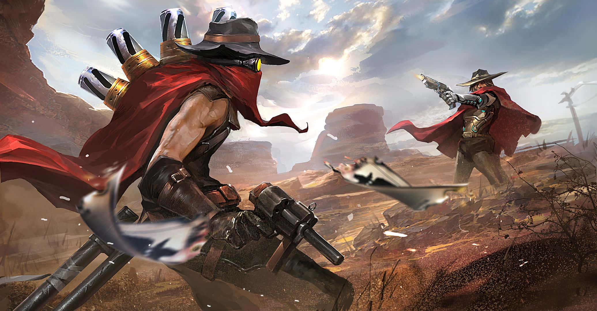 Overwatch Mccree 桌布 壁紙 — 兩名戴面具、披紅色斗篷的槍手在烈日下的塵土飛揚的沙漠峽谷中決鬥。