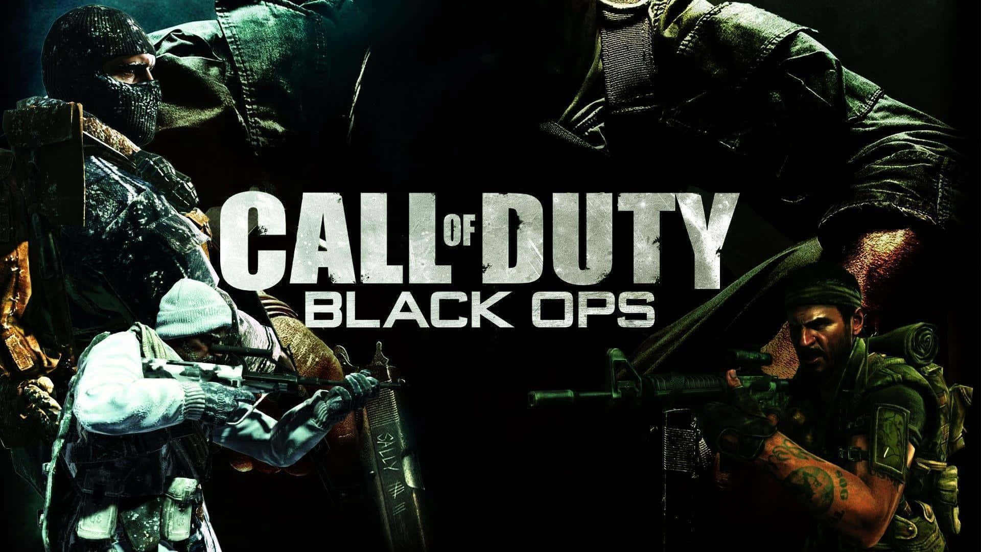 Call Of Duty Black Ops 桌布 壁紙 — 兩名戴面具的士兵身穿戰術裝備，在黑暗背景下瞄準步槍，並帶有《Call of Duty Black Ops》標題。