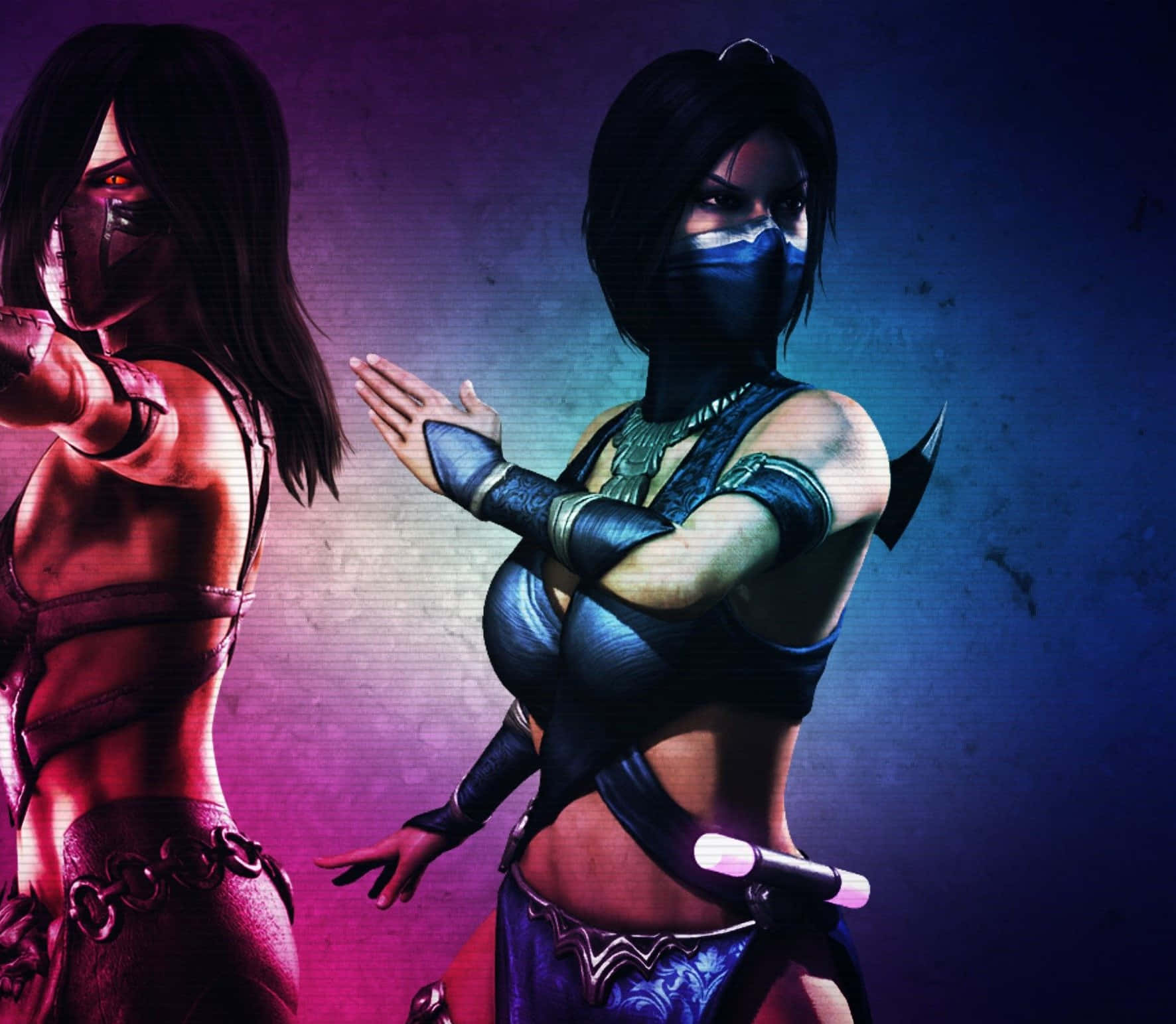 Mortal Kombat Kitana 桌布 壁紙 — 兩名戴面具的女戰士以戰鬥姿勢在戲劇性的紅藍燈光下發光，背景是紋理牆壁。