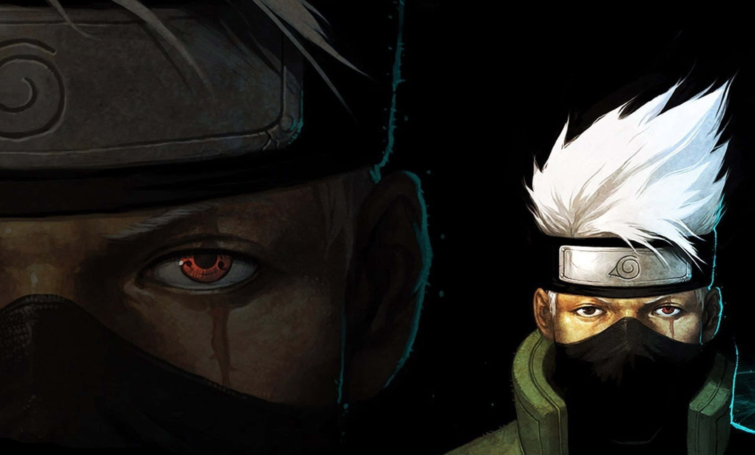 kakashi pfp 桌布 壁紙 — 兩名戴面具的忍者戰士在黑暗背景下強烈凝視，一人有紅眼和淚水，另一人有白色尖刺頭髮和寫輪眼。