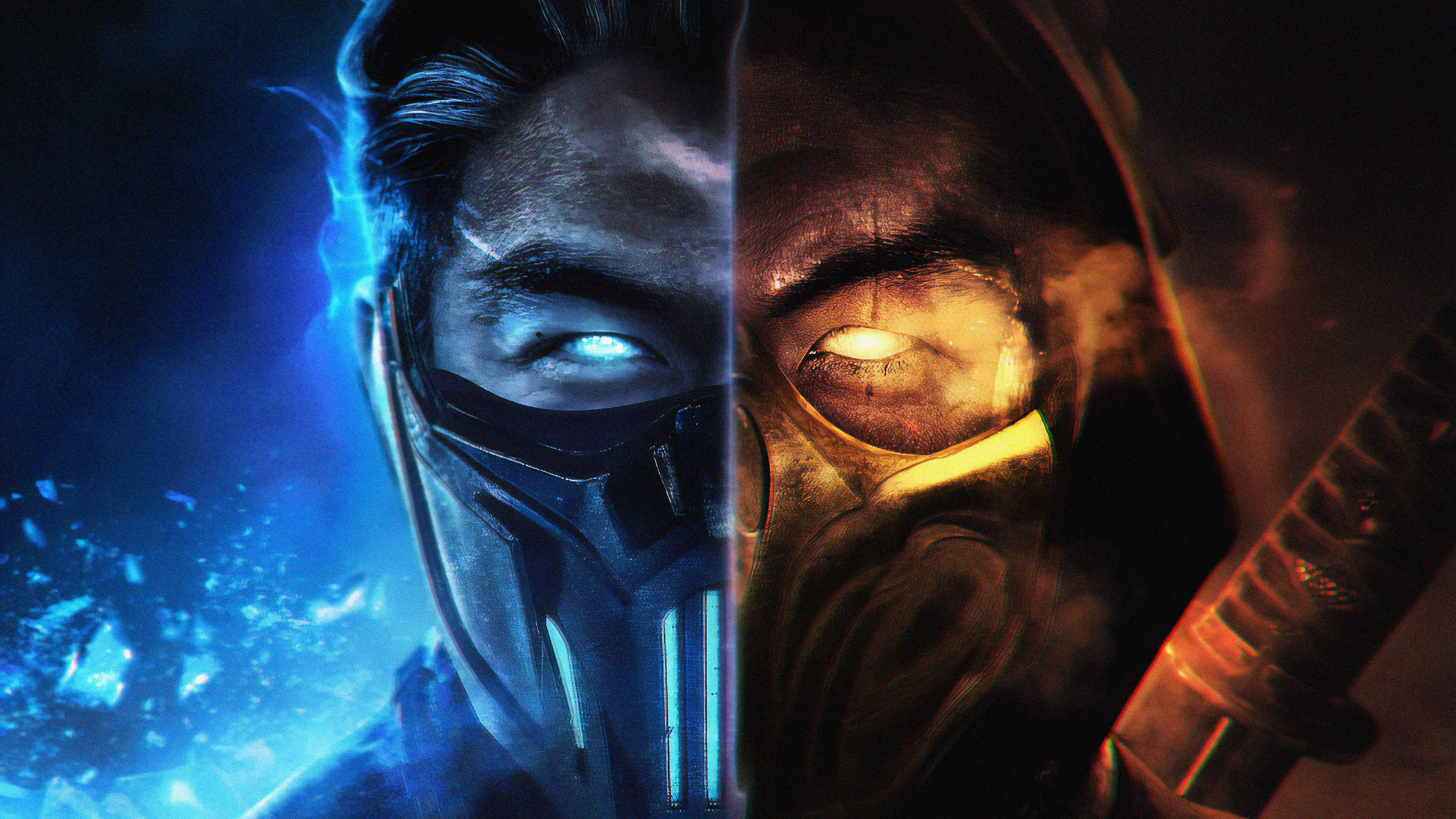 mortal kombat scorpion vs sub zero 桌布 壁紙 — 兩名戴面具的戰士在冰藍色和火橙色燈光下進行分割畫面對戰。