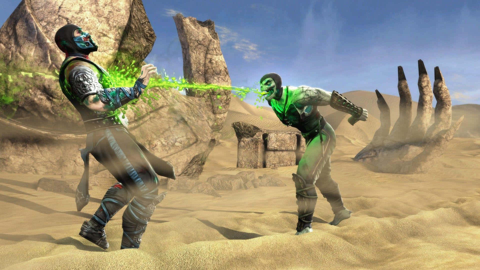 Mortal Kombat Reptile 桌布 壁紙 — 兩名戴面具的戰士在沙漠競技場中交鋒，互相發射綠色能量衝擊波。
