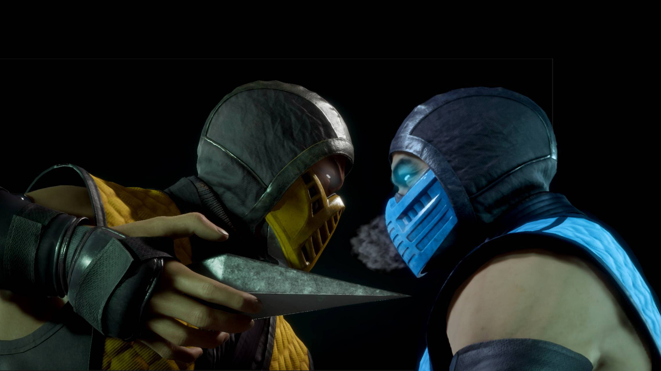 mortal kombat scorpion vs sub zero 桌布 壁紙 — 兩名戴面具的戰士在黑暗背景下對峙，其中一人手持利刃。