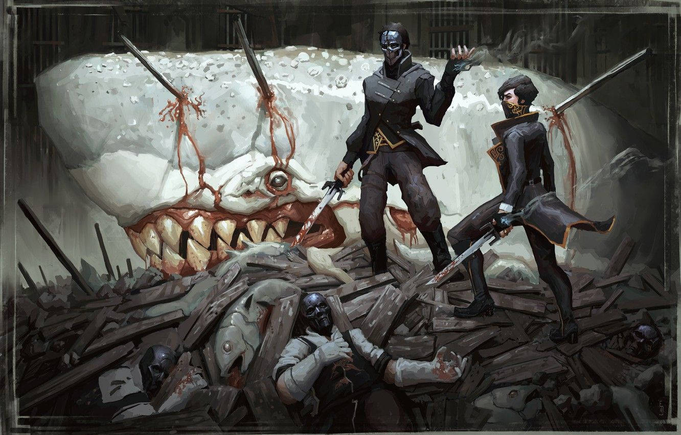 Dishonored 2 桌布 壁紙 — 兩名戴面具的戰士站在瓦礫上揮舞劍，身後一個巨大的怪獸鯊魚頭若隱若現，滴著血。