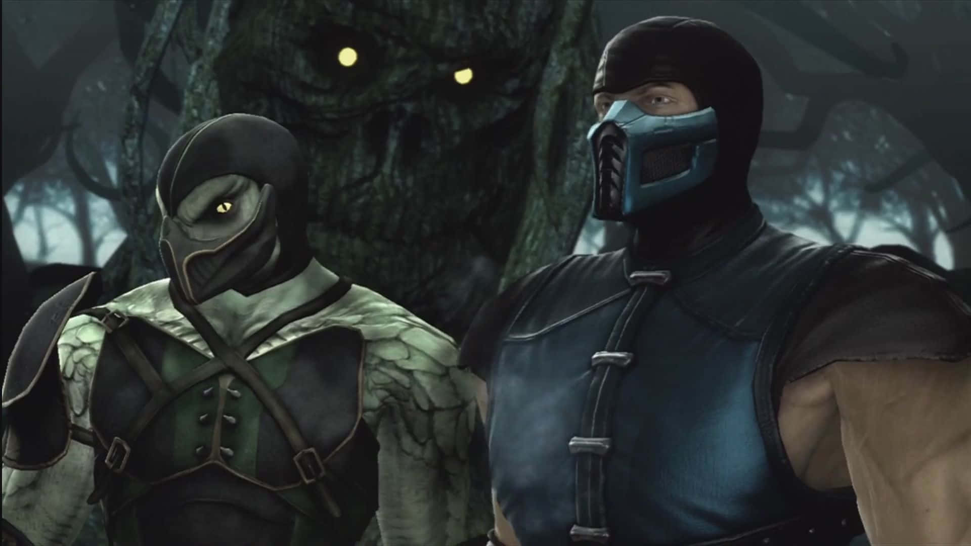 Mortal Kombat Reptile 桌布 壁紙 — 兩名戴面具的戰士站在黑暗的森林中，身後有一棵巨大的發光眼睛樹。