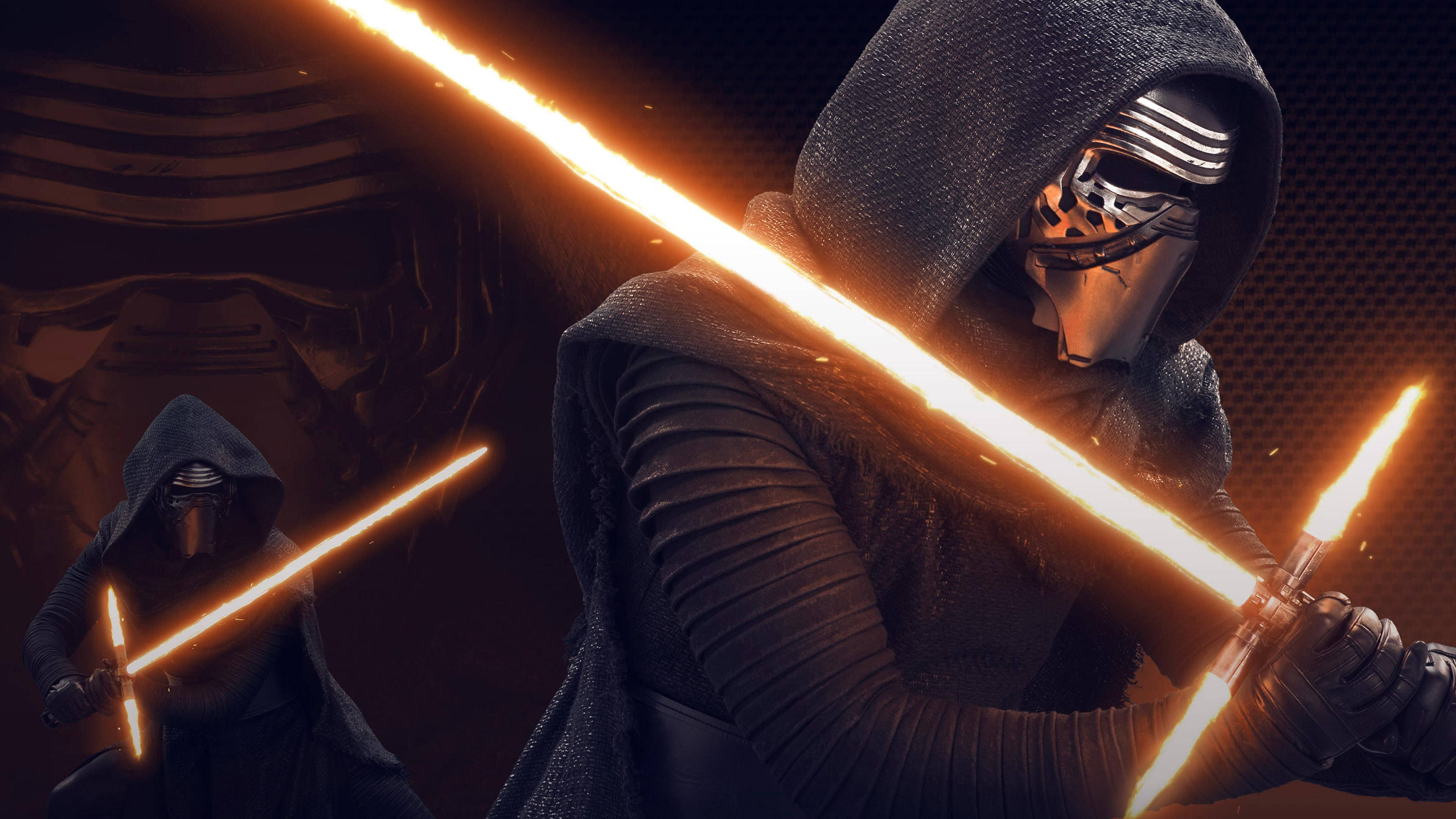 Kylo Ren 桌布 壁紙 — 兩名戴面具的戰士身穿黑色斗篷，在陰影紋理背景中，用發光的橙色光劍決鬥。