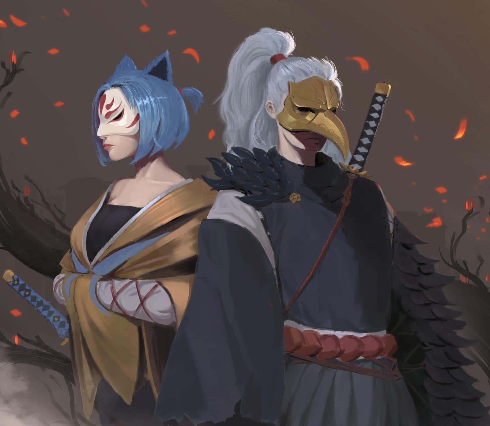 Tengu 桌布 壁紙 — 兩名戴面具的武士戰士並肩站立，在落下的紅葉和光禿的樹枝之間，天空暗淡。