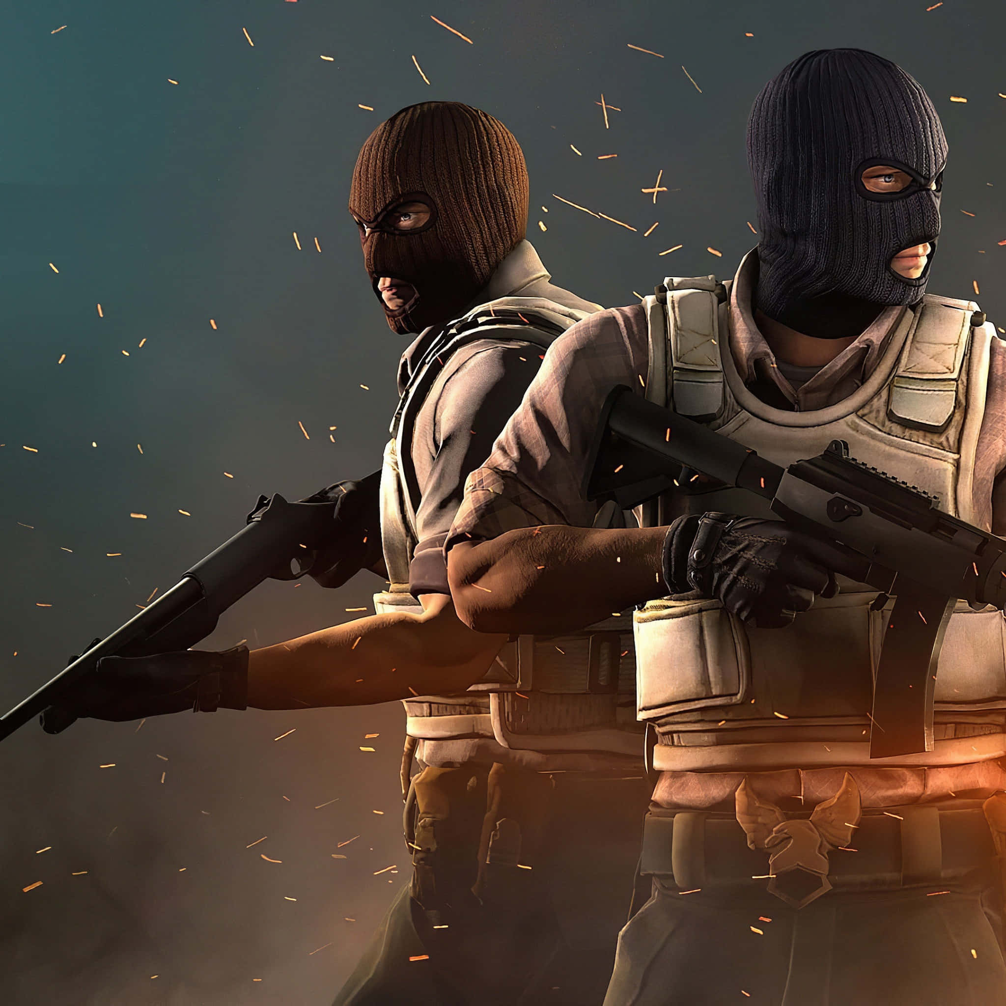 Best Counter-strike Global Offensive 桌布 壁紙 — 兩名戴面具的武裝特勤人員身穿戰術裝備，在火花映襯下站立於 gritty 的戰鬥場景中。