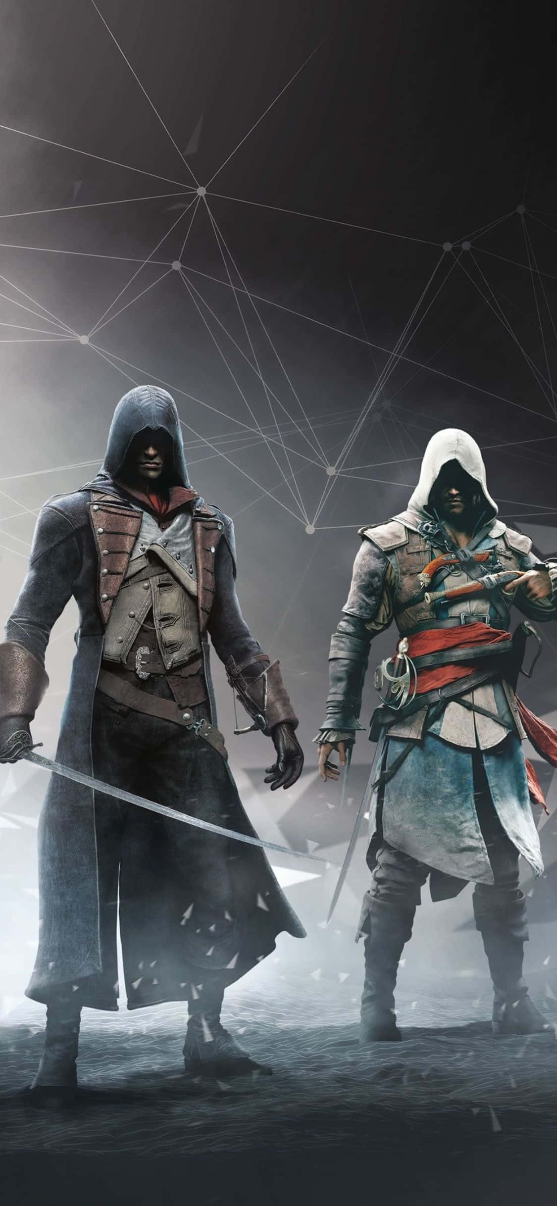 iPhone X Assassin's Creed Origins 桌布 壁紙 — 兩名戴頭巾的刺客手持劍，站在黑暗的幾何網絡天空下。