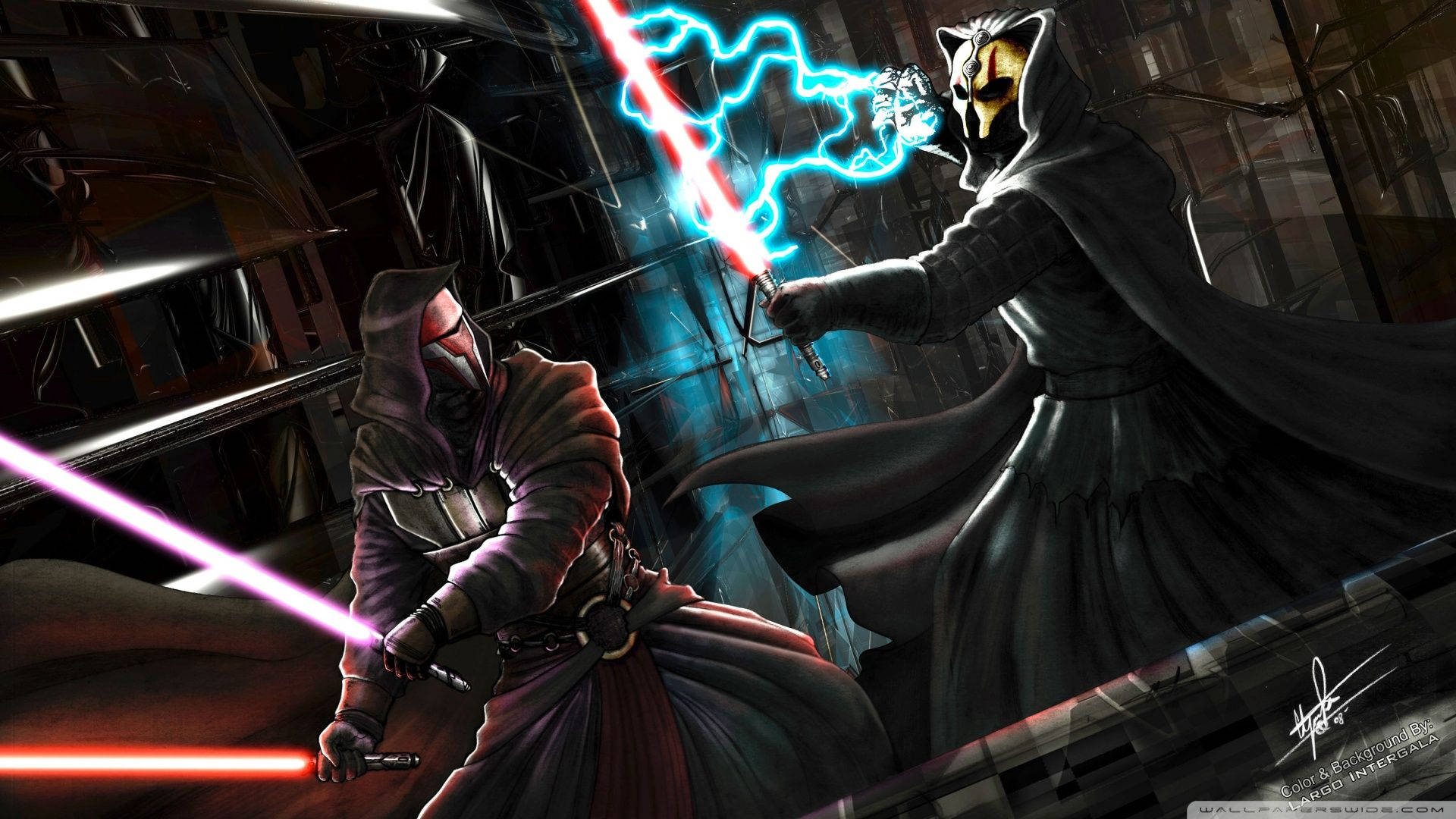 Revan 桌布 壁紙 — 兩名戴頭巾的戰士在黑暗的工業環境中用發光的紅色和藍色光劍交鋒。