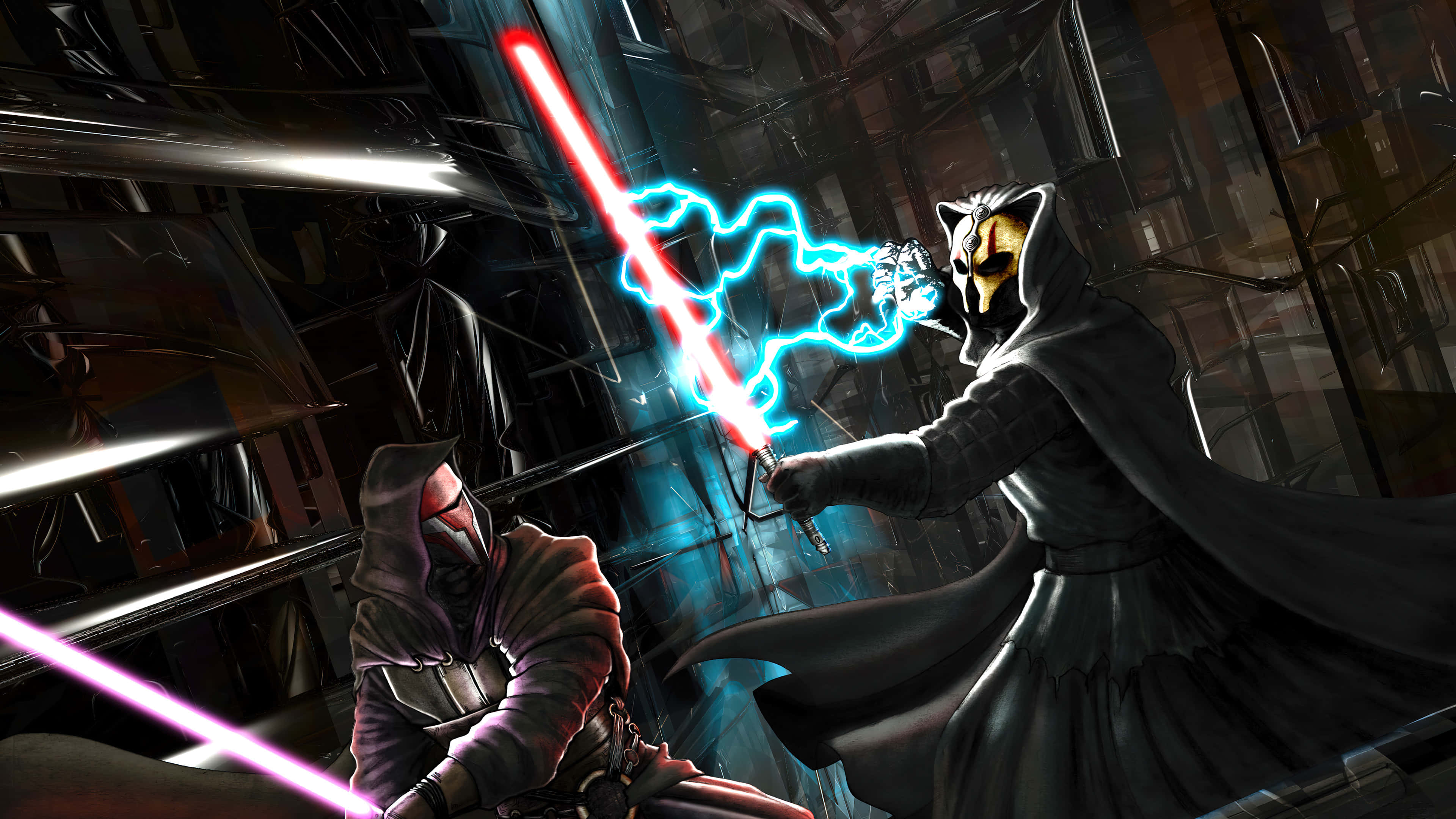 Darth Revan 4K 桌布 壁紙 — 兩名戴頭巾的戰士在黑暗的金屬競技場中，用發光的紅色和藍色光劍交鋒。