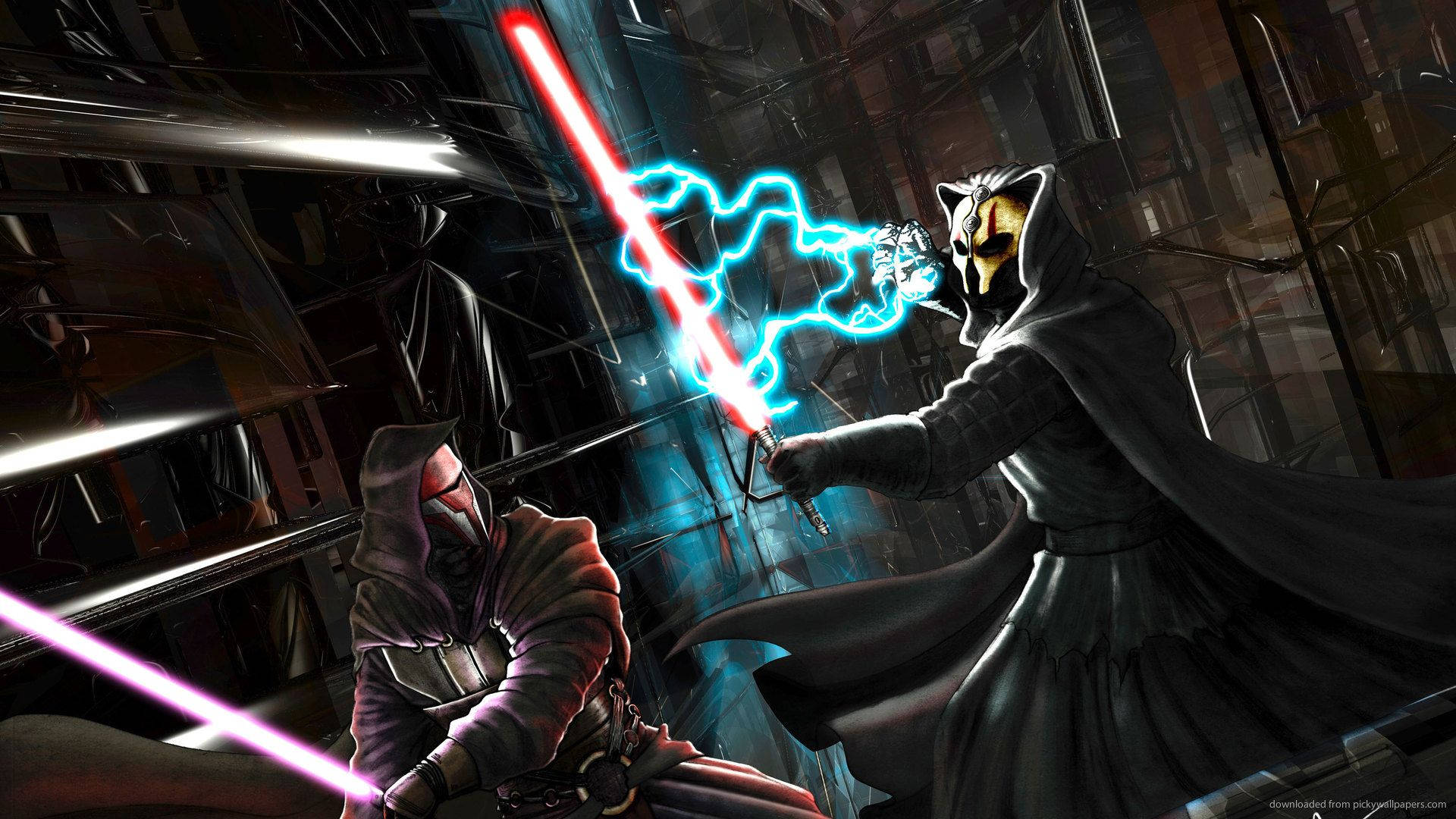 Sith 桌布 壁紙 — 兩名戴頭巾的戰士在黑暗的金屬走廊中，用發光的紅色和藍色光劍交鋒。