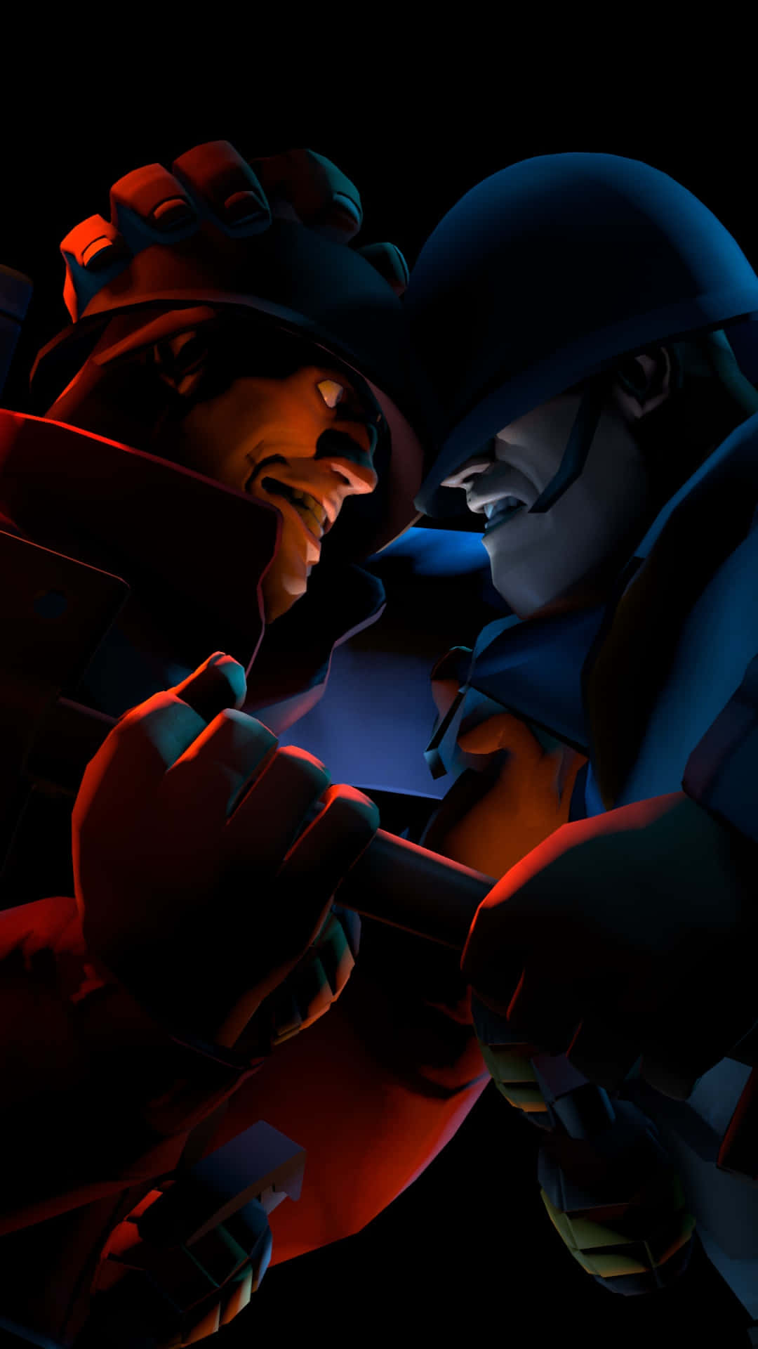 Team Fortress 2 桌布 壁紙 — 兩名戴頭盔的士兵在戲劇性的紅藍燈光下緊張對峙。