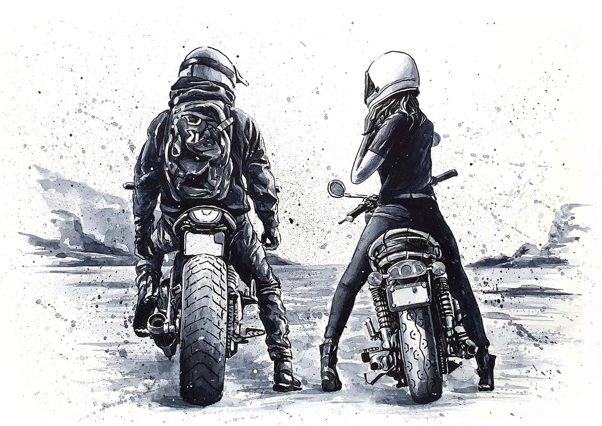 biker 桌布 壁紙 — 兩名戴頭盔的摩托車手騎著堅固的摩托車，穿過濺有墨水的單色沙漠景觀駛離。