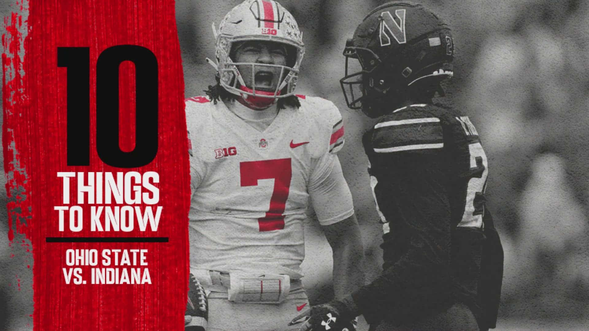 Cool Ohio State 桌布 壁紙 — 兩名戴頭盔的美式足球員對峙，其中一人對著紅色圖形背景激烈大喊。