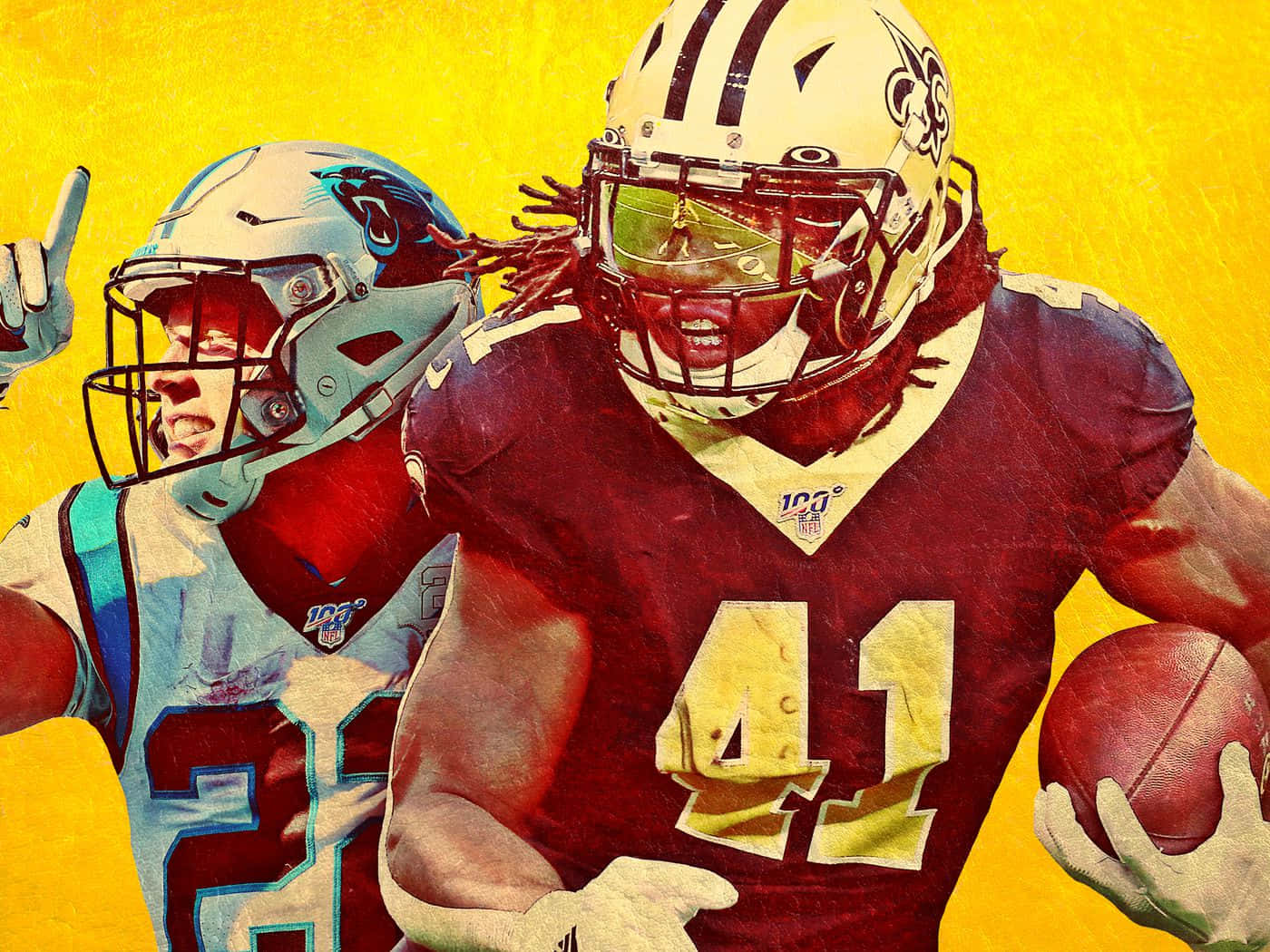 Christian Mccaffrey 桌布 壁紙 — 兩名戴頭盔的美式足球運動員在充滿活力的黃色背景上動態碰撞，一人持球，兩人均展現出激烈的表情。