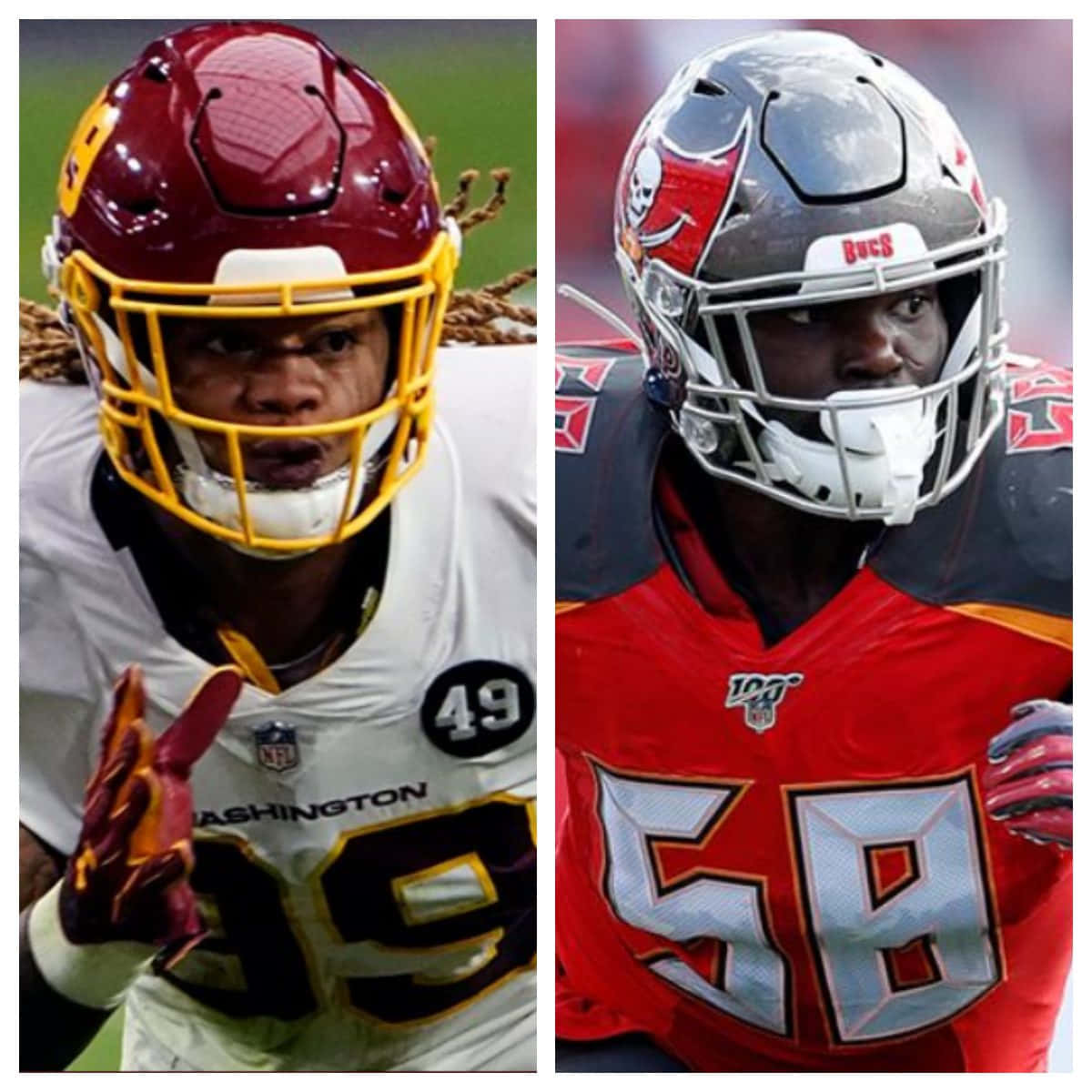 坦帕灣海盜 桌布 壁紙 — 兩名戴頭盔穿制服的NFL美式足球員在比賽中高度專注。