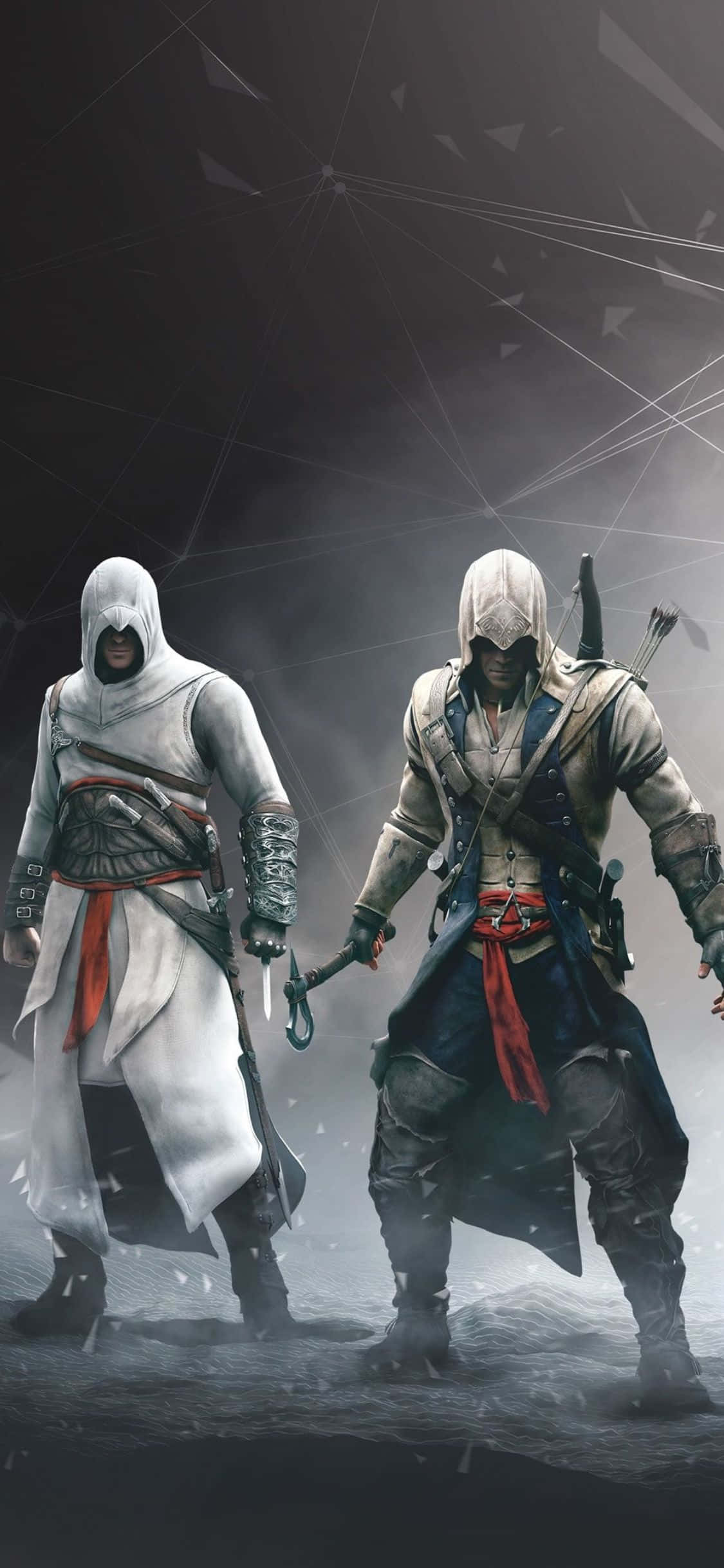 iPhone X Assassin's Creed Origins 桌布 壁紙 — 兩名戴頭罩的刺客在迷霧黑暗中蓄勢待發，一人身穿白袍，另一人身穿暗色裝備，兩人都武裝就緒。