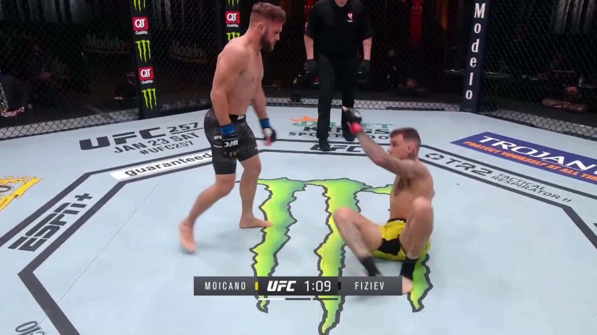 運動 桌布 壁紙 — 兩名拳手在UFC八角籠中，一人勝利站立，另一人坐在擂台上。