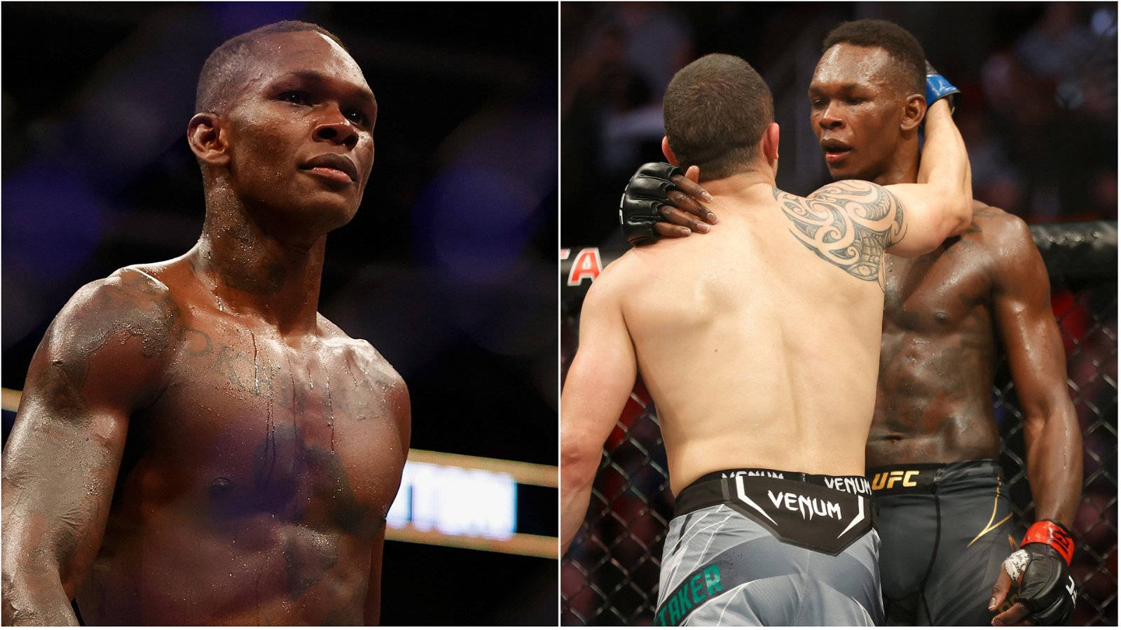 UFC 桌布 壁紙 — 兩名拳手在UFC八角籠中，一人看起來筋疲力盡、滿身大汗，另一人在比賽後擁抱他。