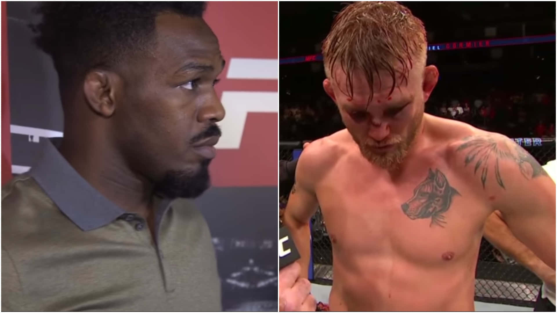 UFC 桌布 壁紙 — 兩名拳手在UFC八角籠中，一人赤裸上身，滿臉是血，有狗刺青；另一人穿著有領襯衫，眼神凌厲。