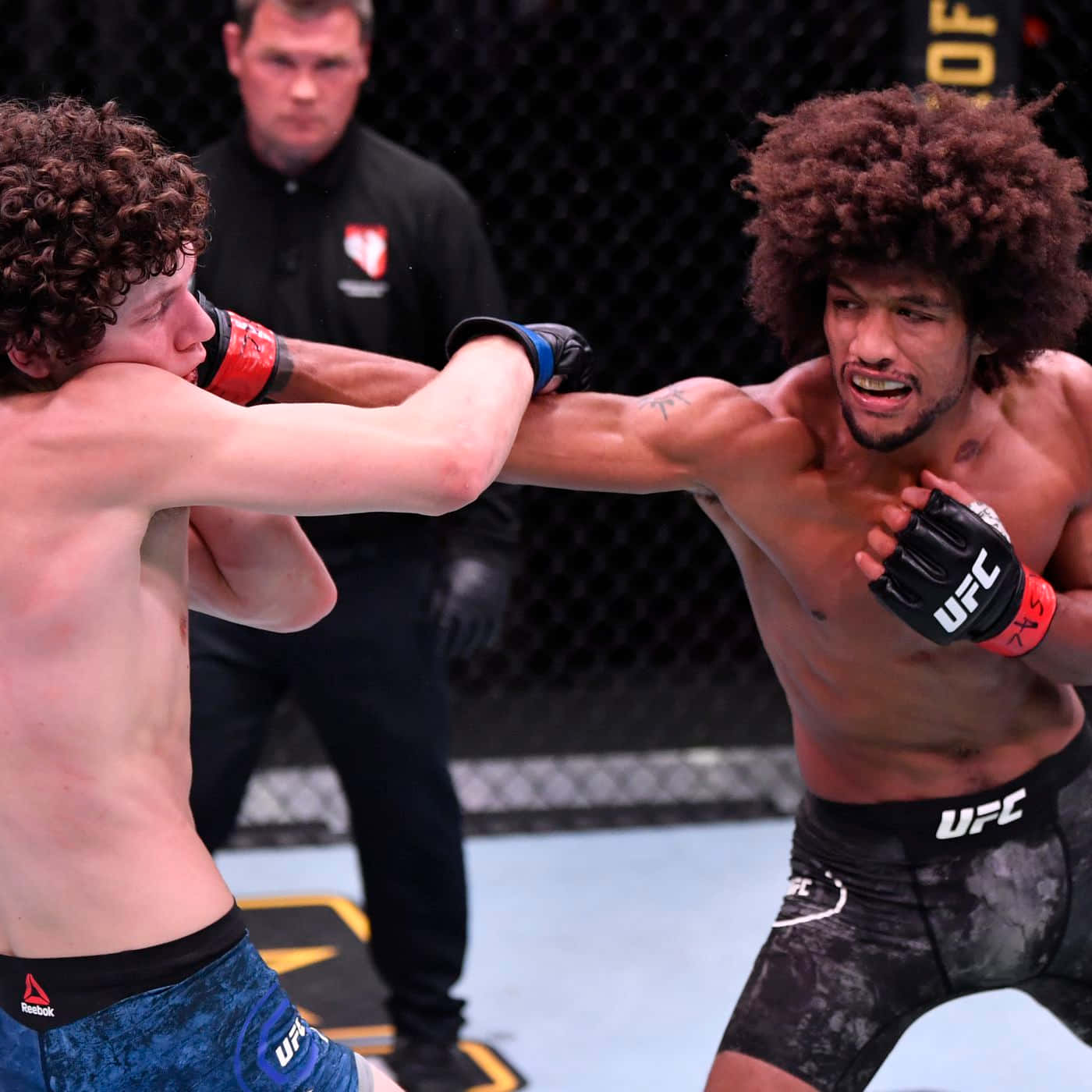 UFC 桌布 壁紙 — 兩名拳手在UFC八角籠中交鋒，其中一人向對手面部打出強力一拳。