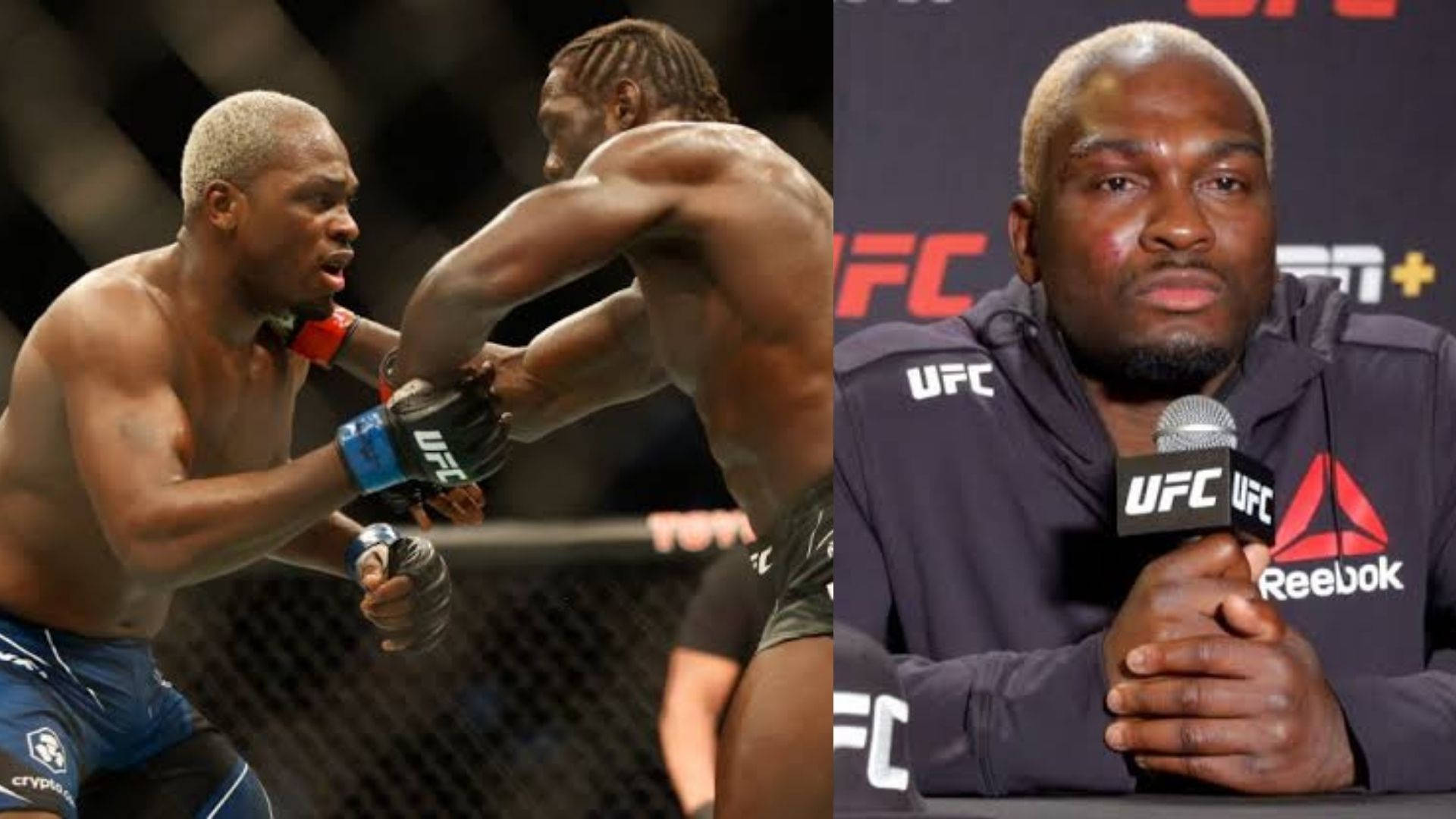 Champion 桌布 壁紙 — 兩名拳手在UFC八角籠中交鋒，而第三名拳手則在記者會上莊嚴地坐著，手持麥克風。