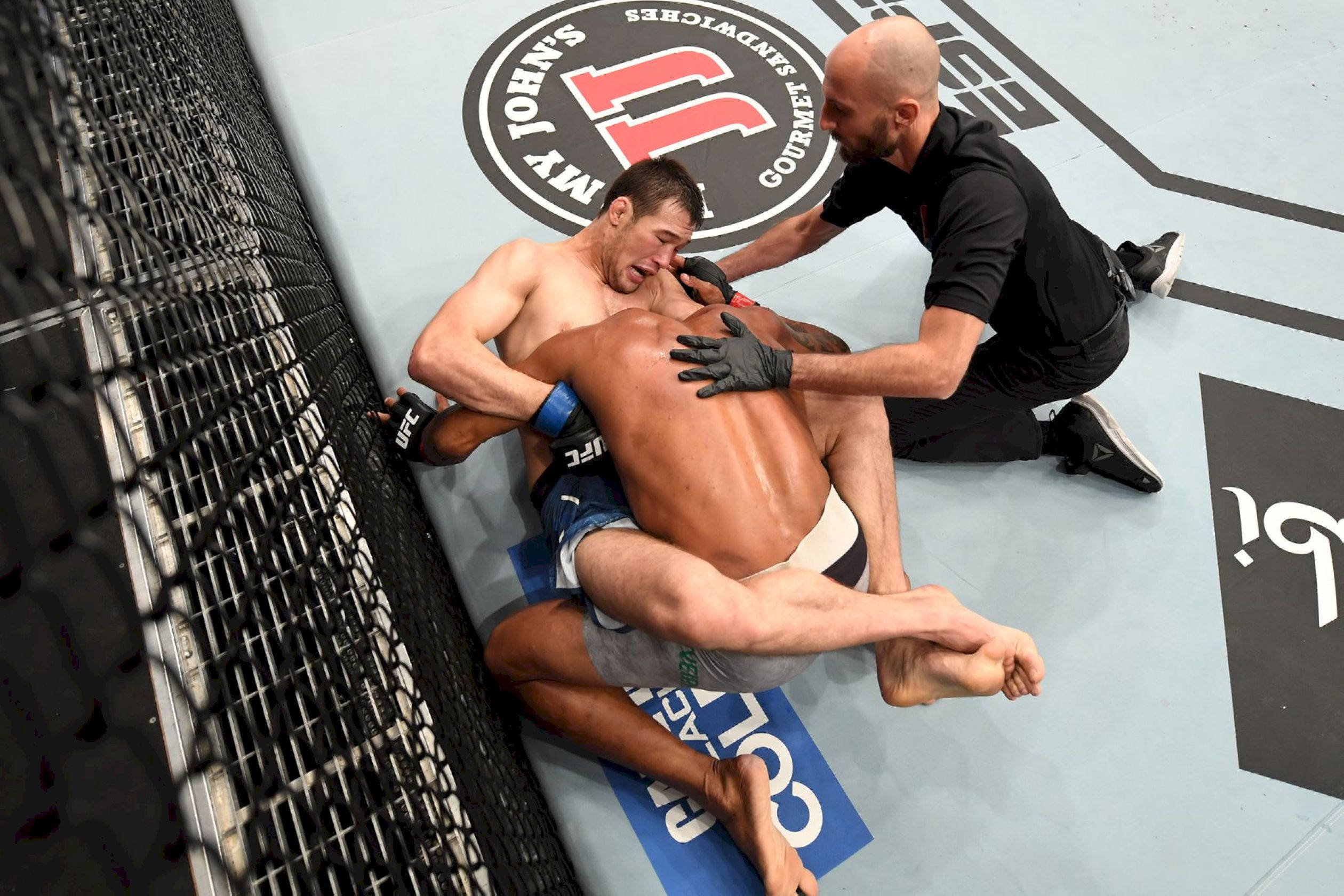 UFC 桌布 壁紙 — 兩名拳手在UFC八角籠地墊上激烈纏鬥，裁判介入終止比賽。
